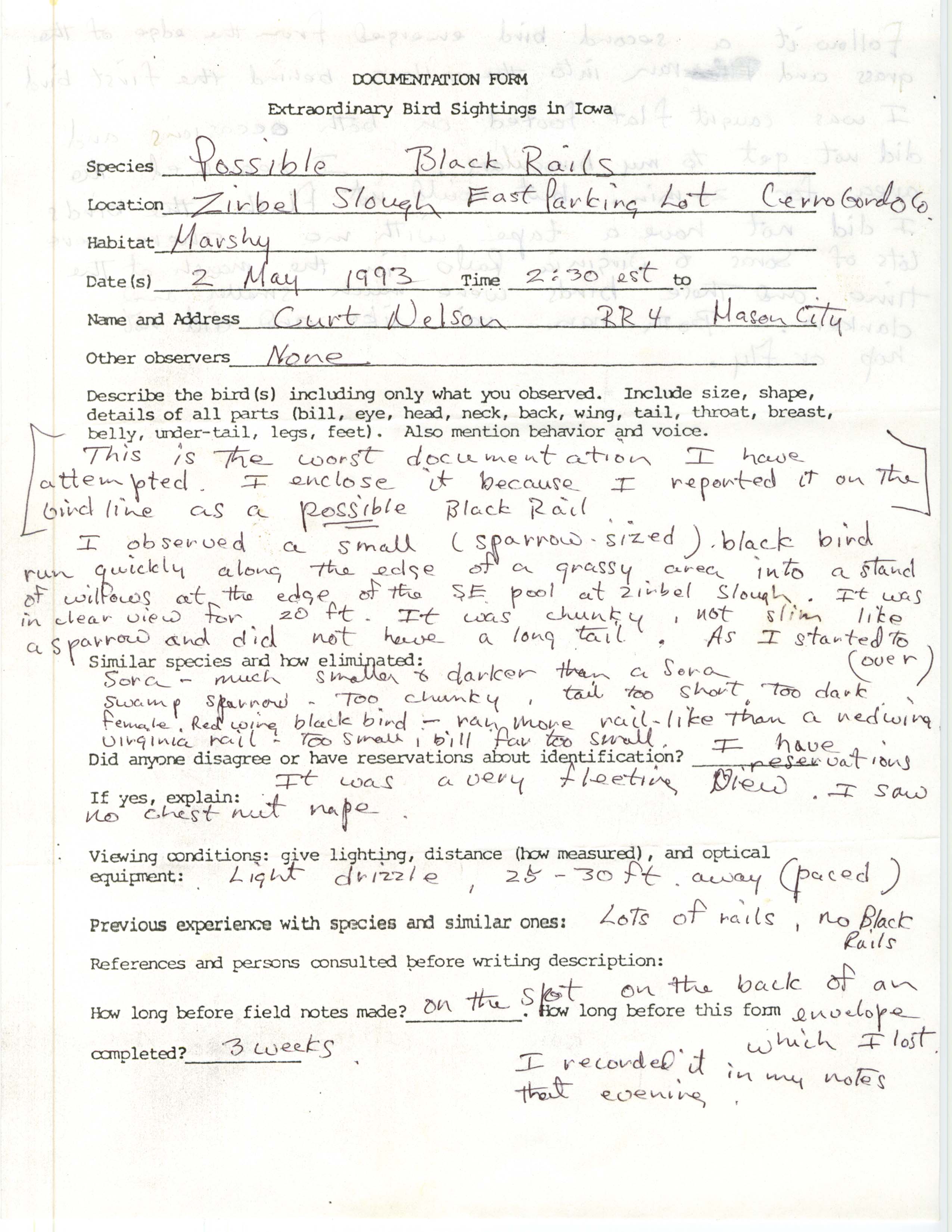 Rare bird documentation form for Black Rail at Zirbel Slough, 1993