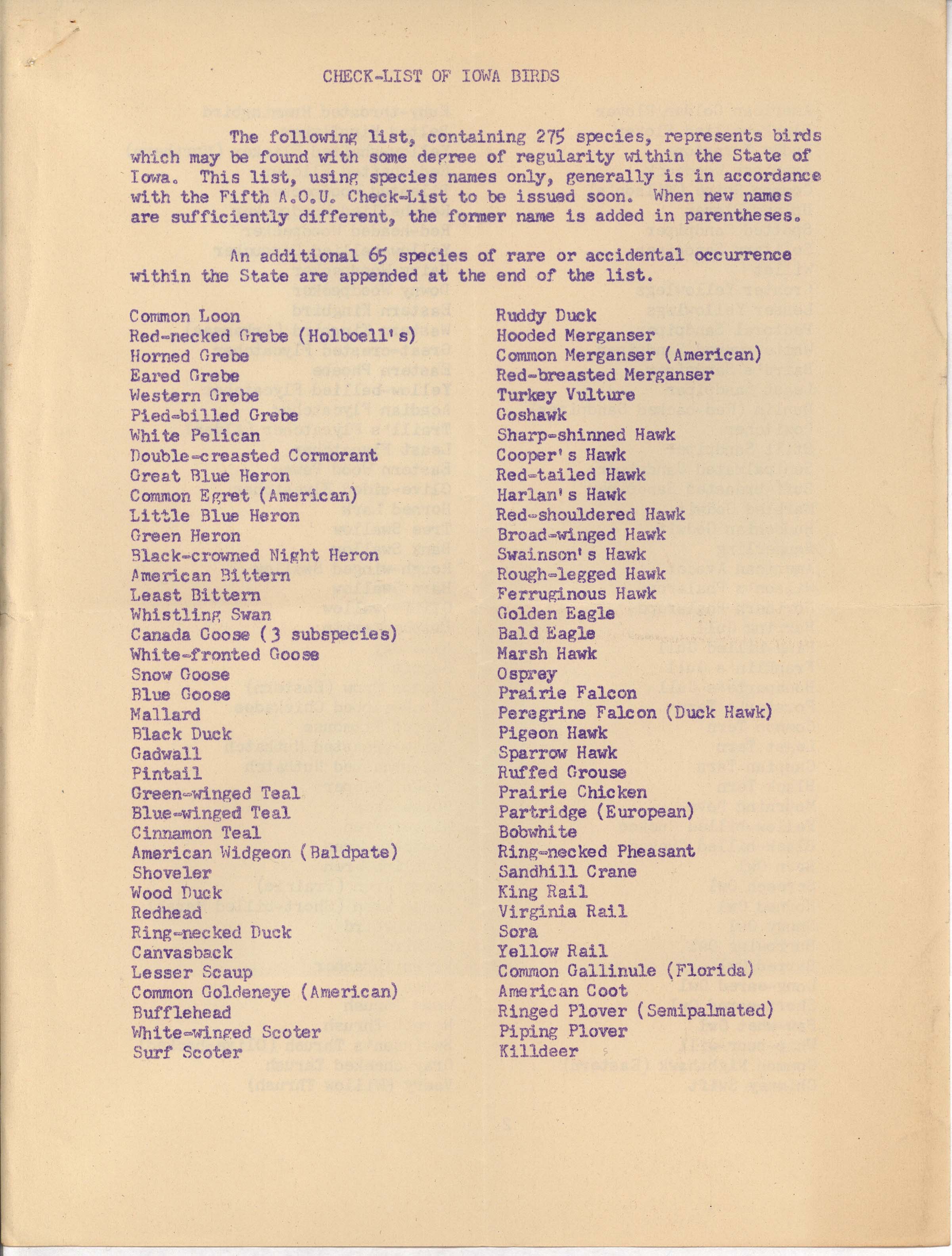 Check-list of Iowa Birds, prepared by Philip DuMont, April 22, 1954