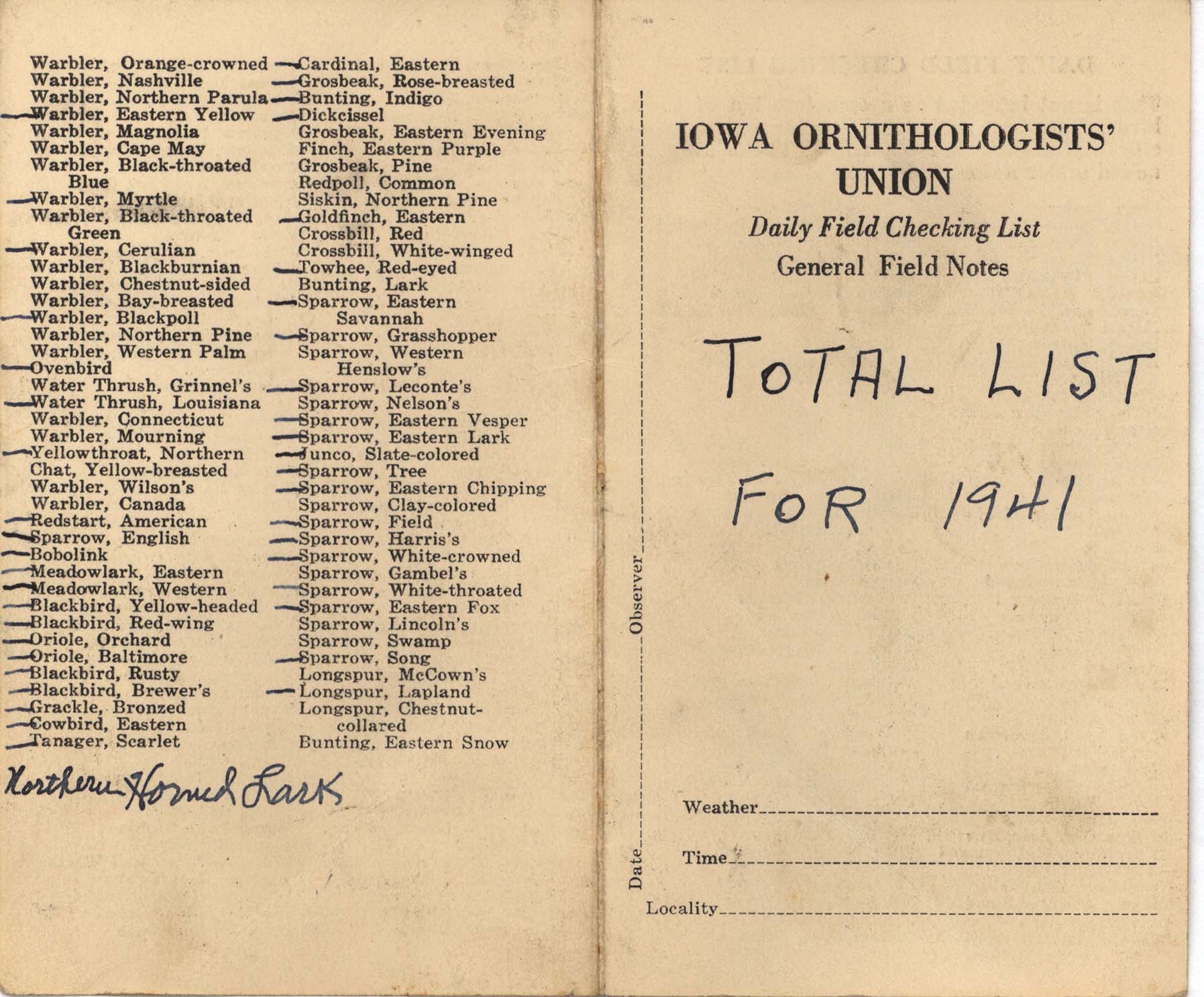 Daily field checking list by Walter Rosene, 1941