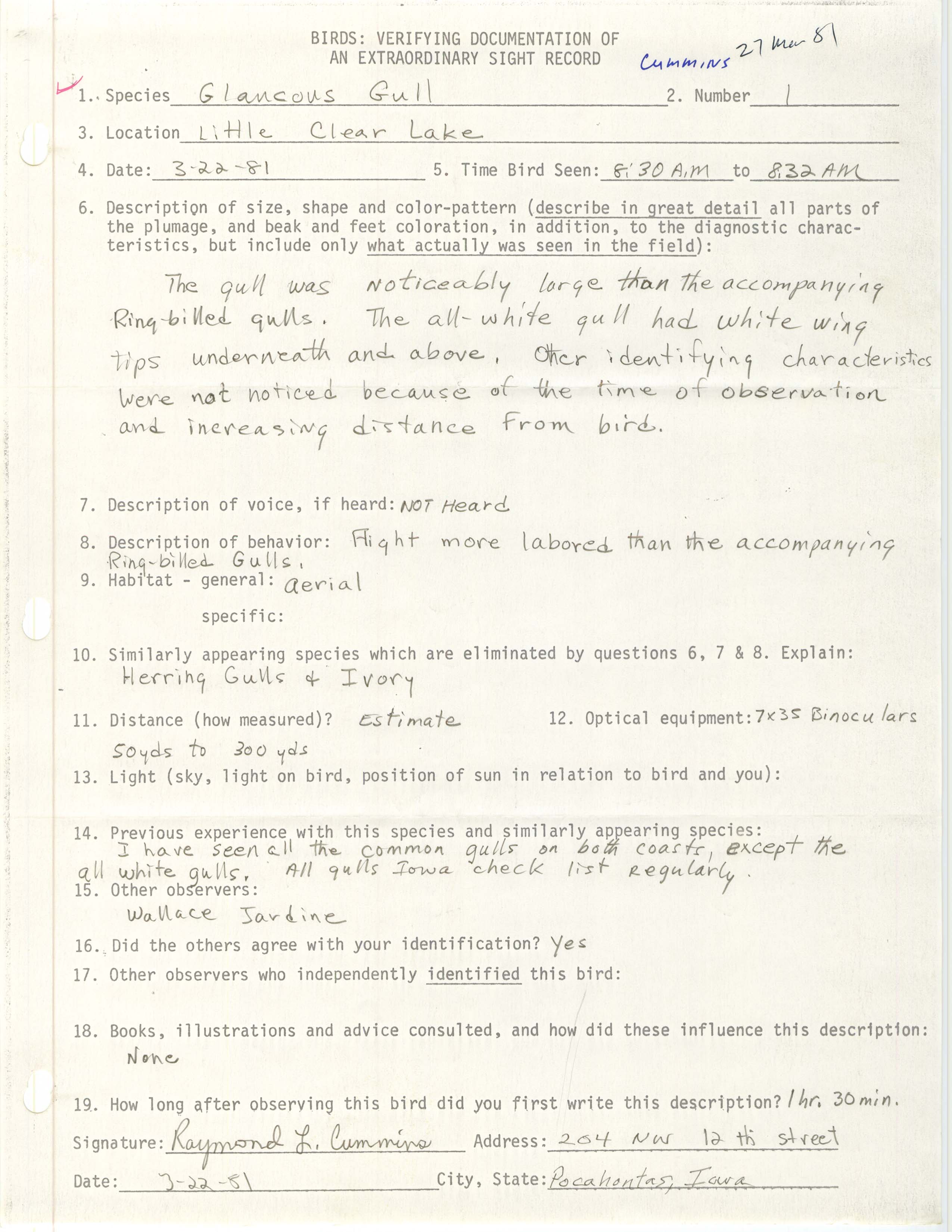 Rare bird documentation form for Glaucous Gull at Little Clear Lake, 1981