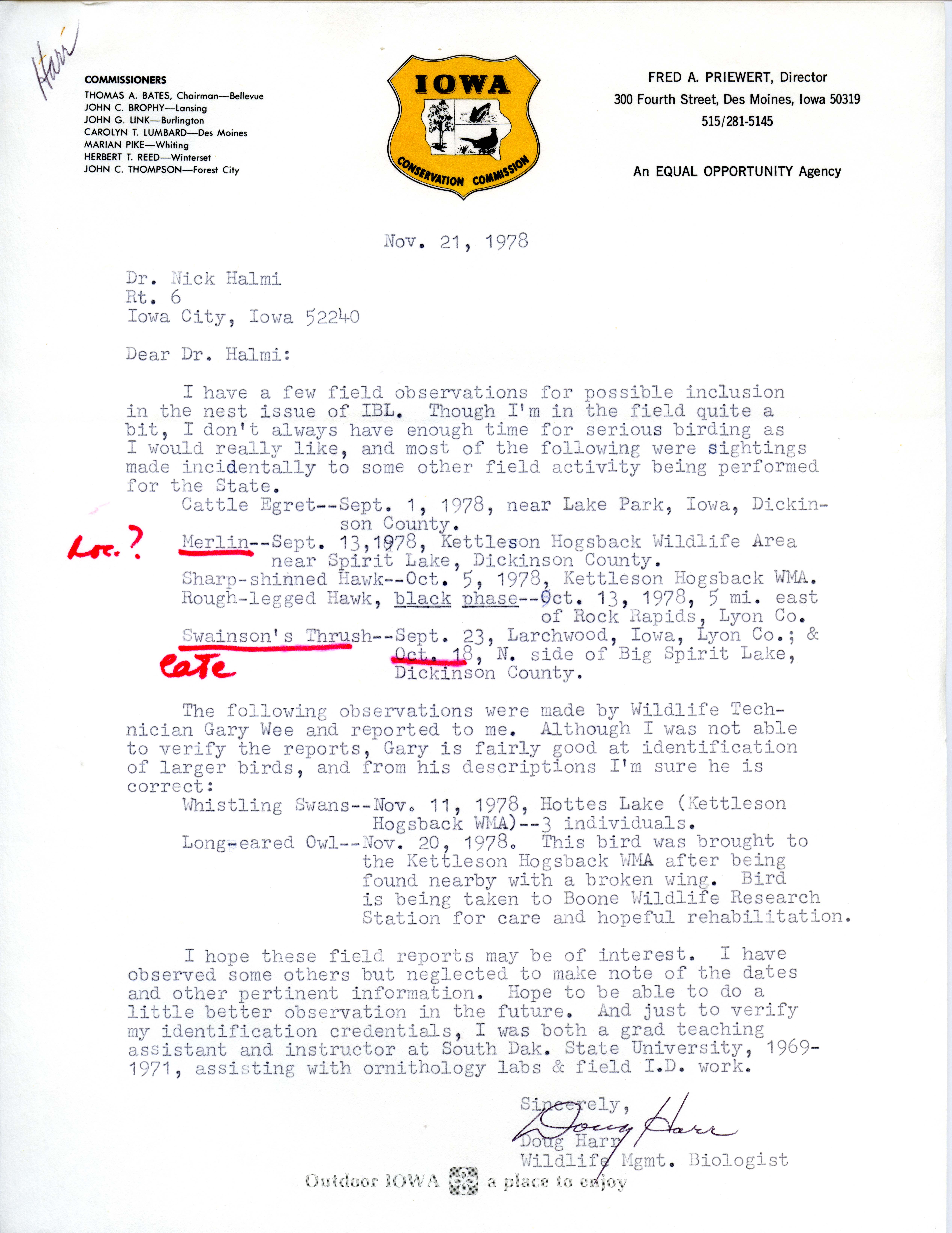 Douglas H. Pratt letter to Nicholas S. Halmi regarding bird sightings, November 21, 1978