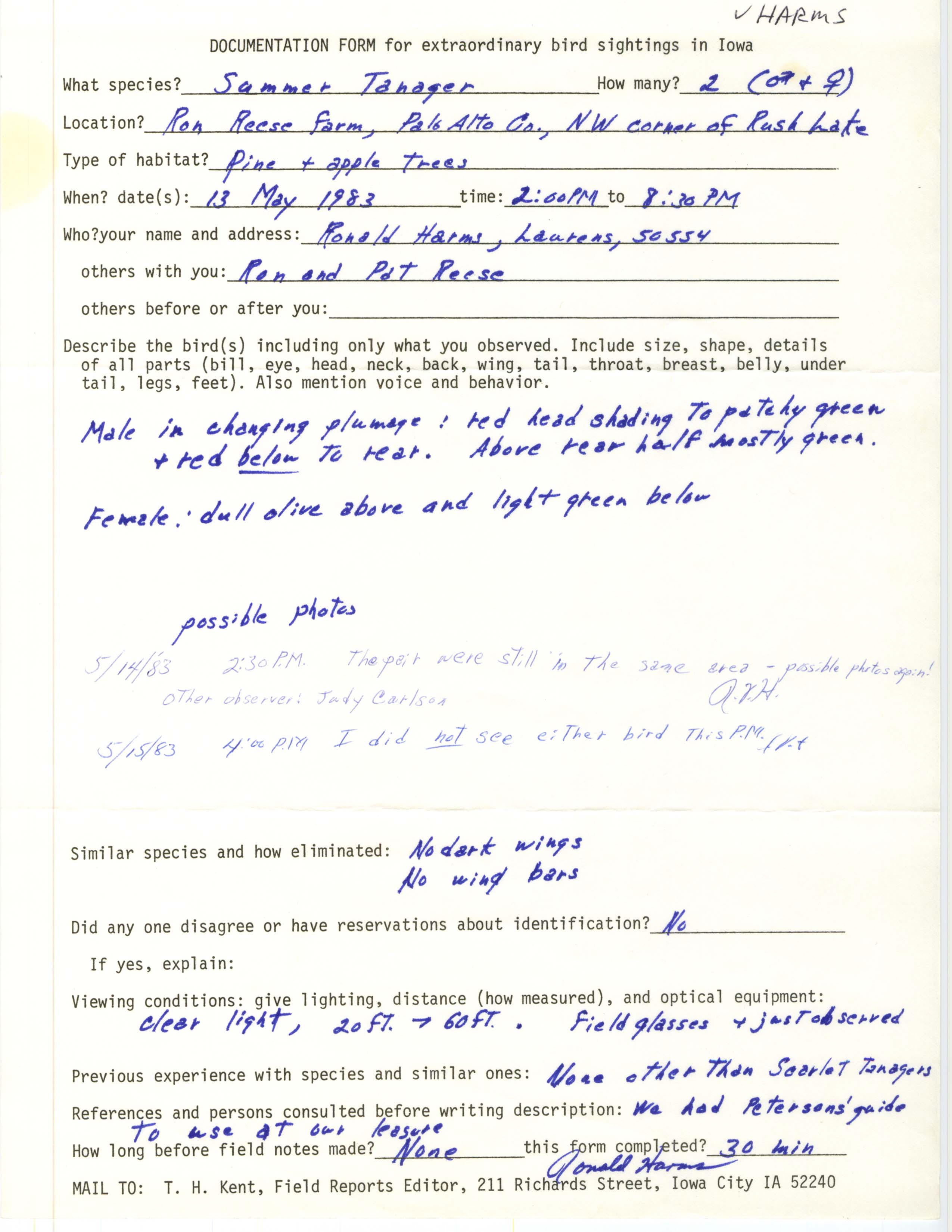 Rare bird documentation form for Summer Tanager at northwest Rush Lake in Palo Alto County, 1983