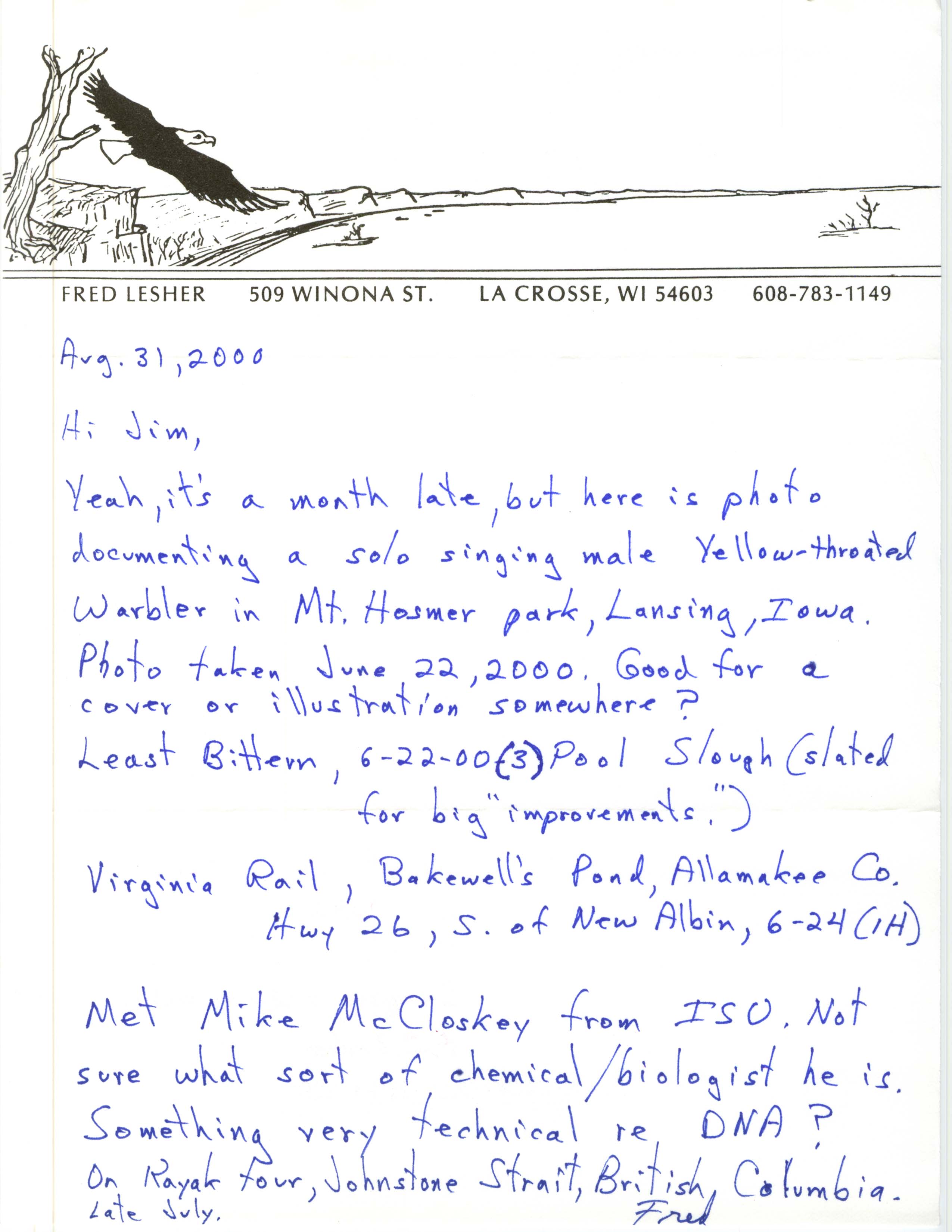 Fred Lesher letter to James J. Dinsmore regarding bird sightings, August 31, 2000