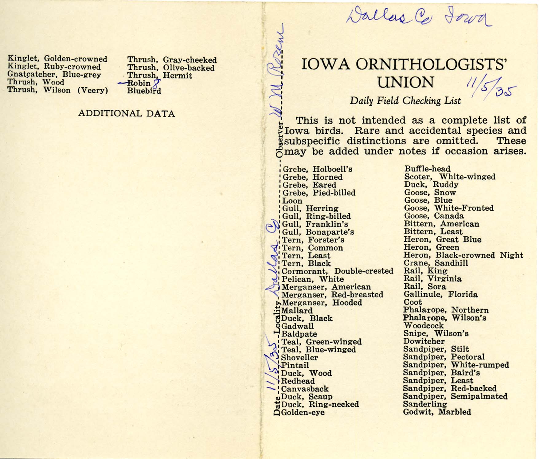 Daily field checking list, Walter Rosene, November 5, 1935