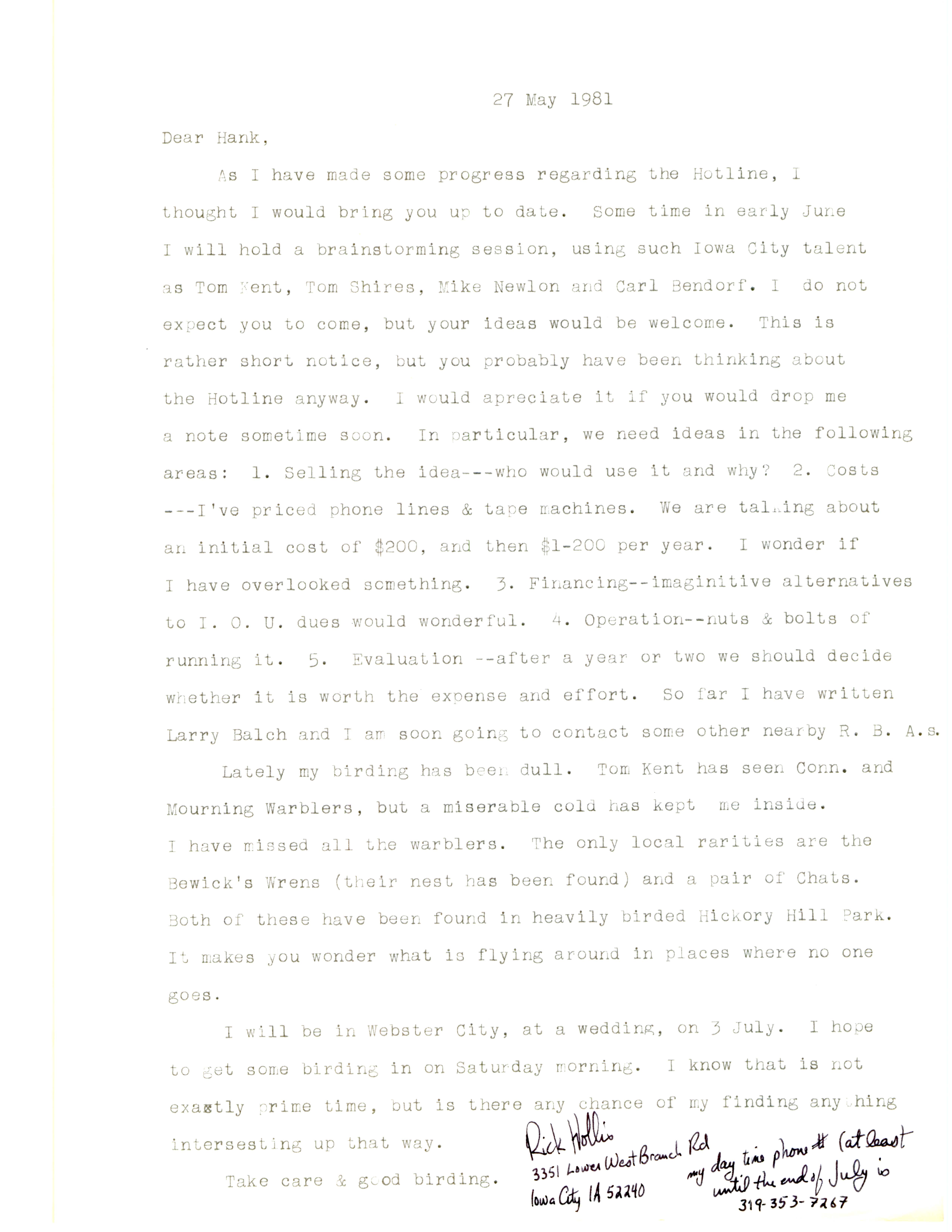 Richard Jule Hollis letter to Hank Zaletel regarding setting up a Bird Hotline, May 27, 1981