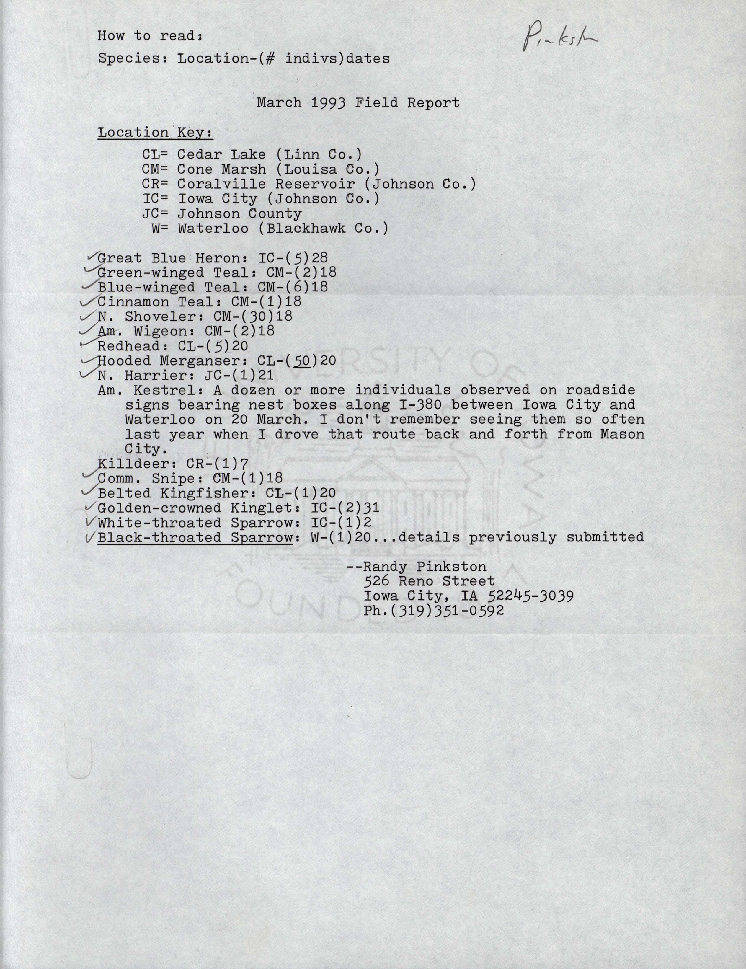 March 1993 field report, Randy Pinkston