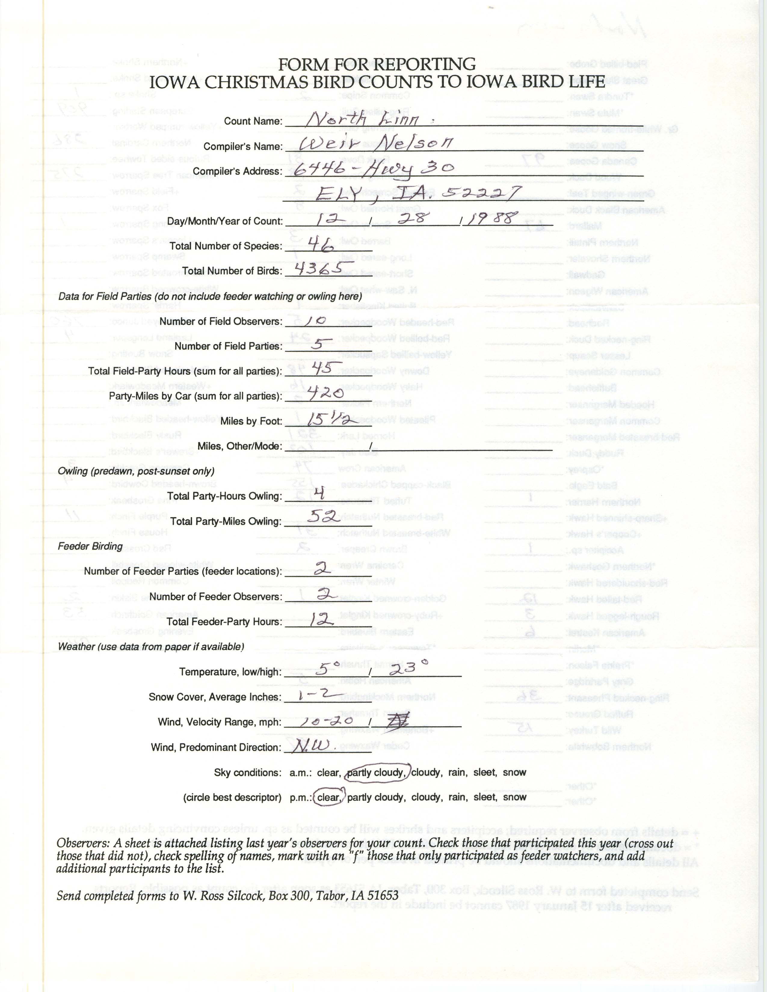 Form for reporting Iowa Christmas bird counts to Iowa Bird Life, Weir Nelson, December 28, 1988