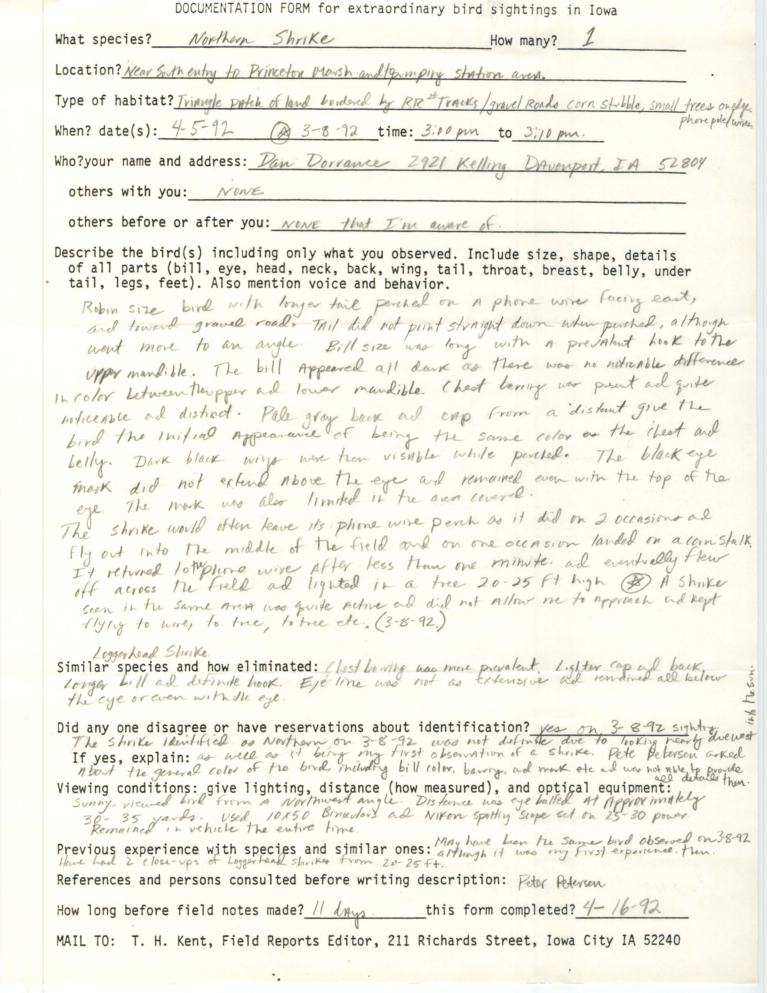 Rare bird documentation form for Northern Shrike at Princeton Marsh in 1992
