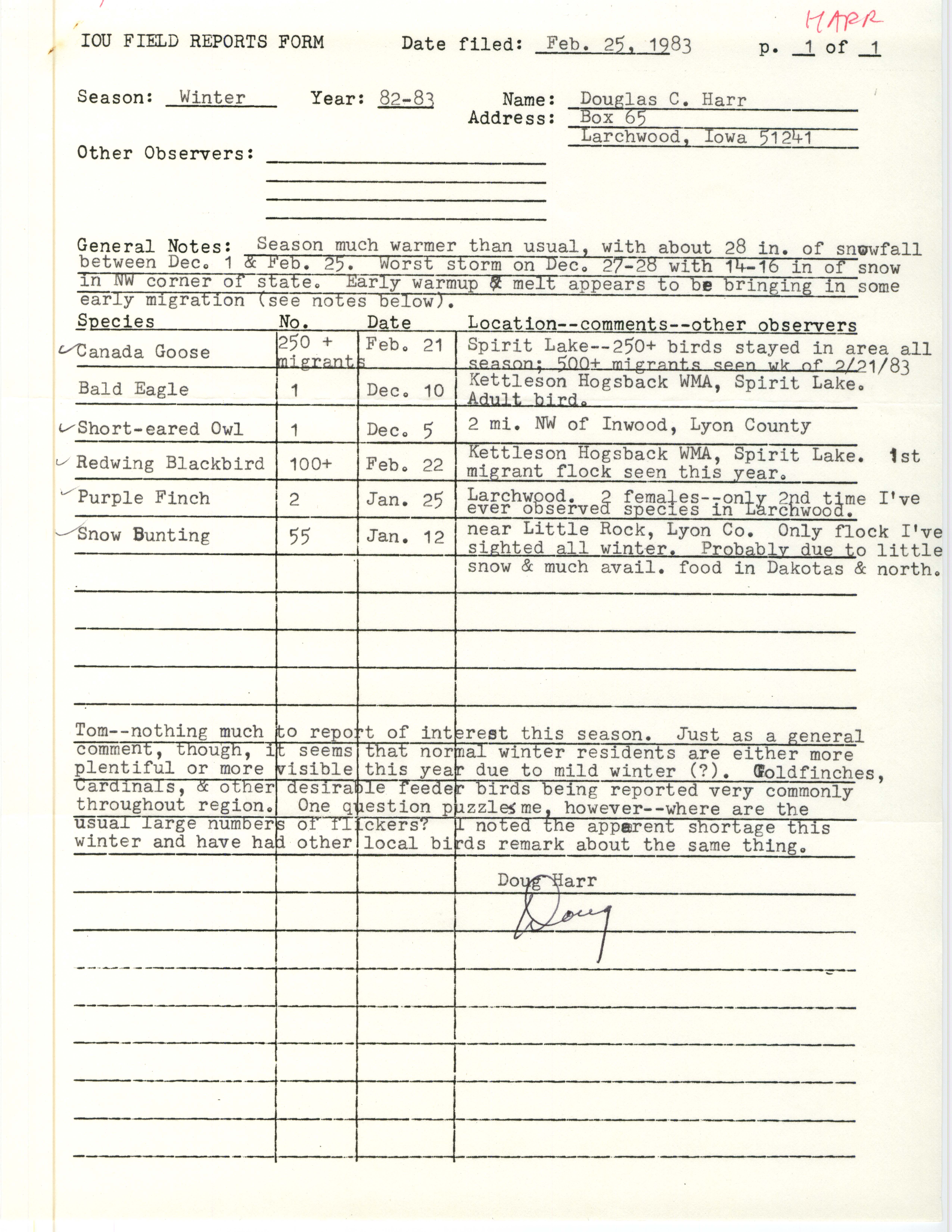 Field notes contributed by Douglas C. Harr, February 25, 1983