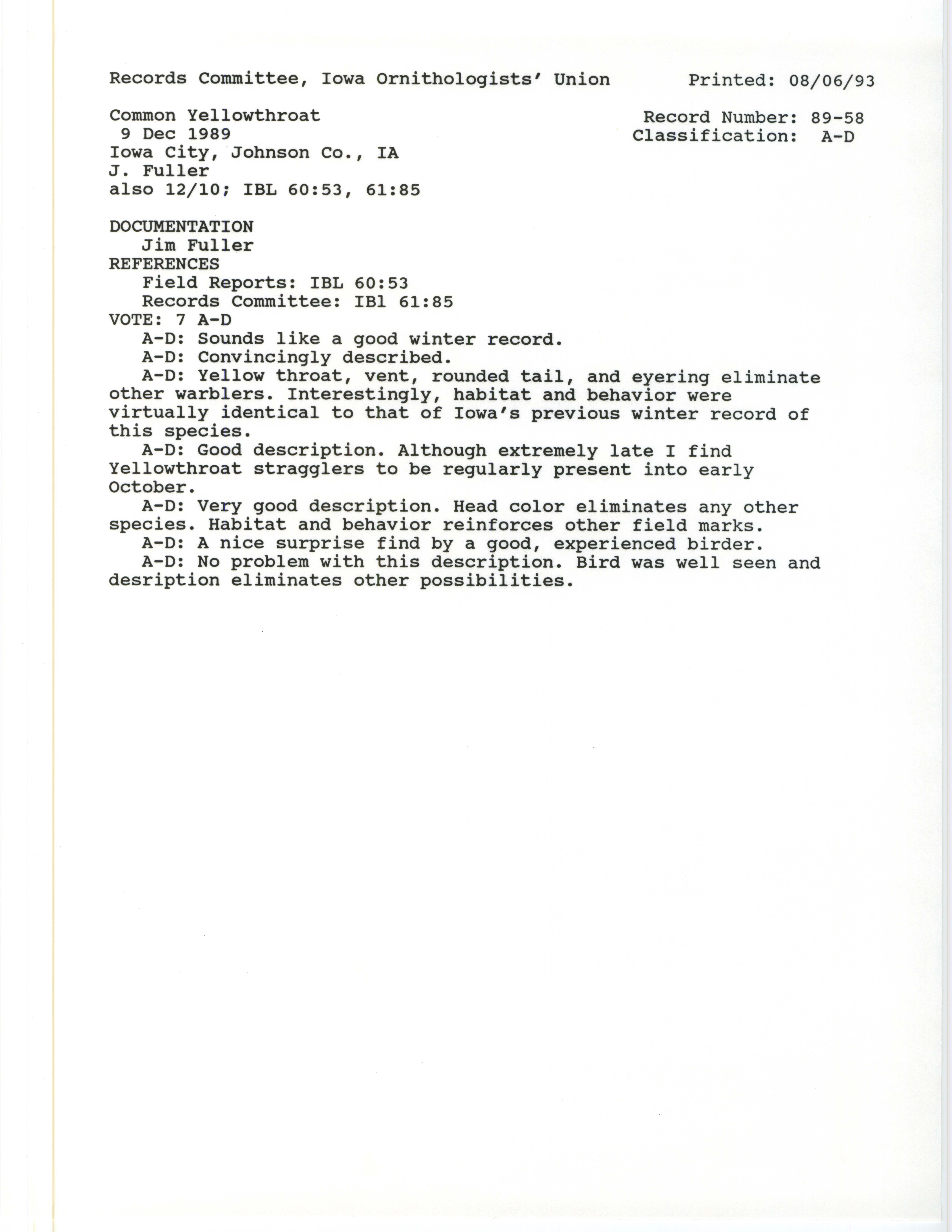 Records Committee review for rare bird sighting for Common Yellowthroat at Iowa City, 1989