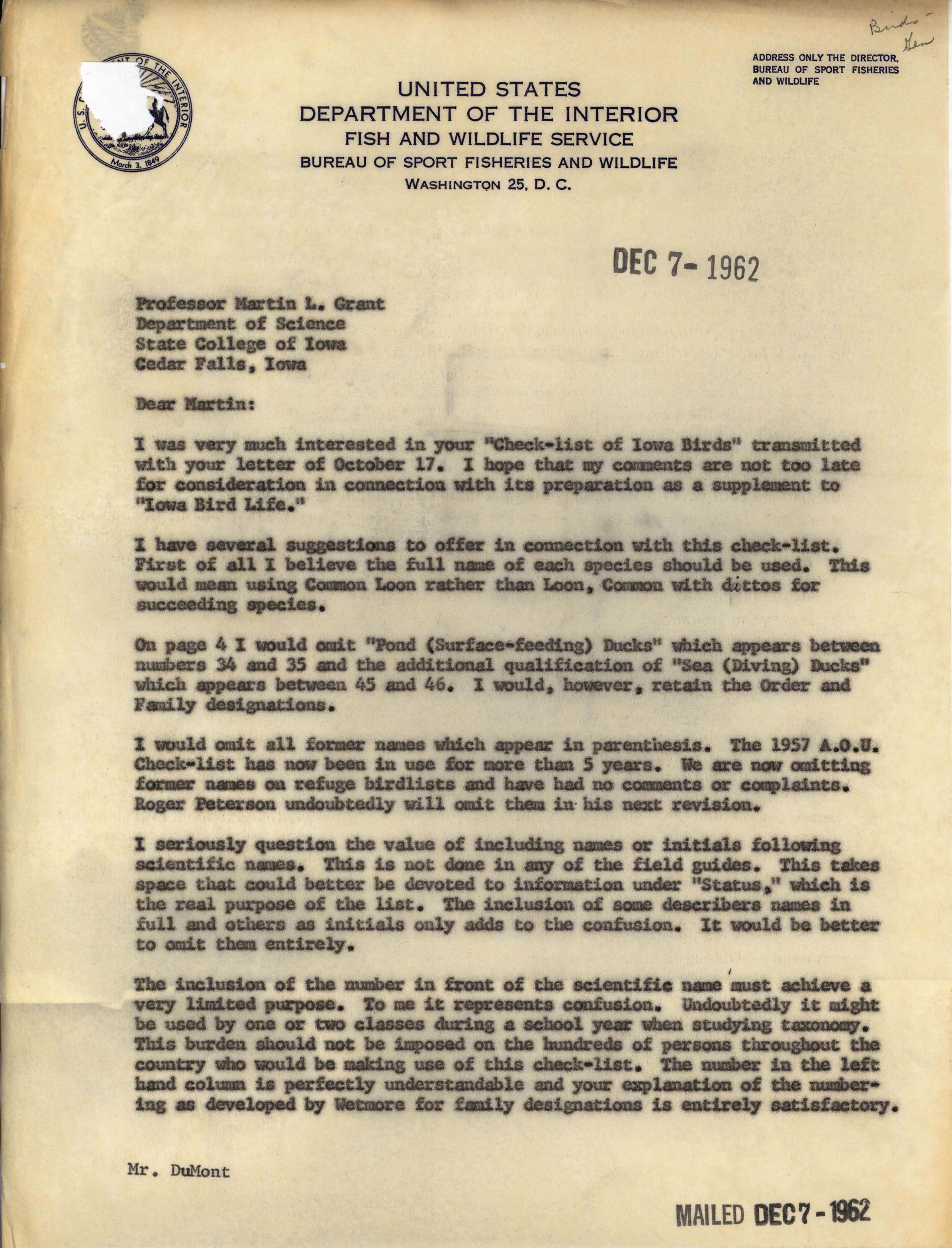 Philip DuMont letter to Martin Grant regarding the Check-list of Iowa Birds, December 7, 1962