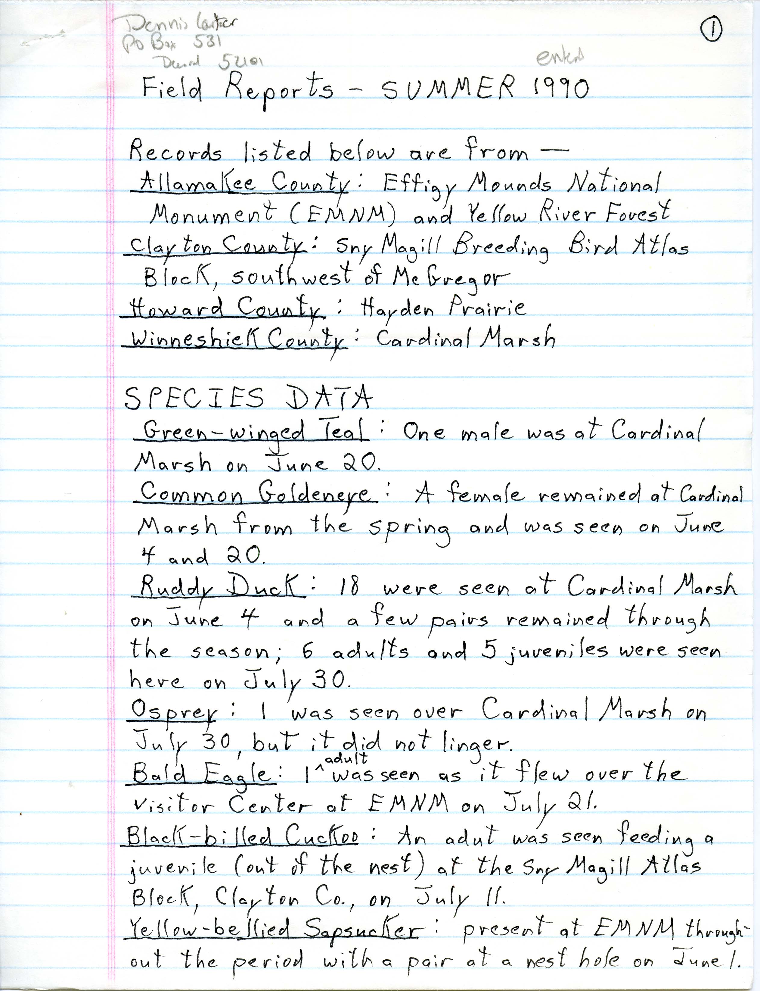 Field reports, Dennis Carter, summer 1989