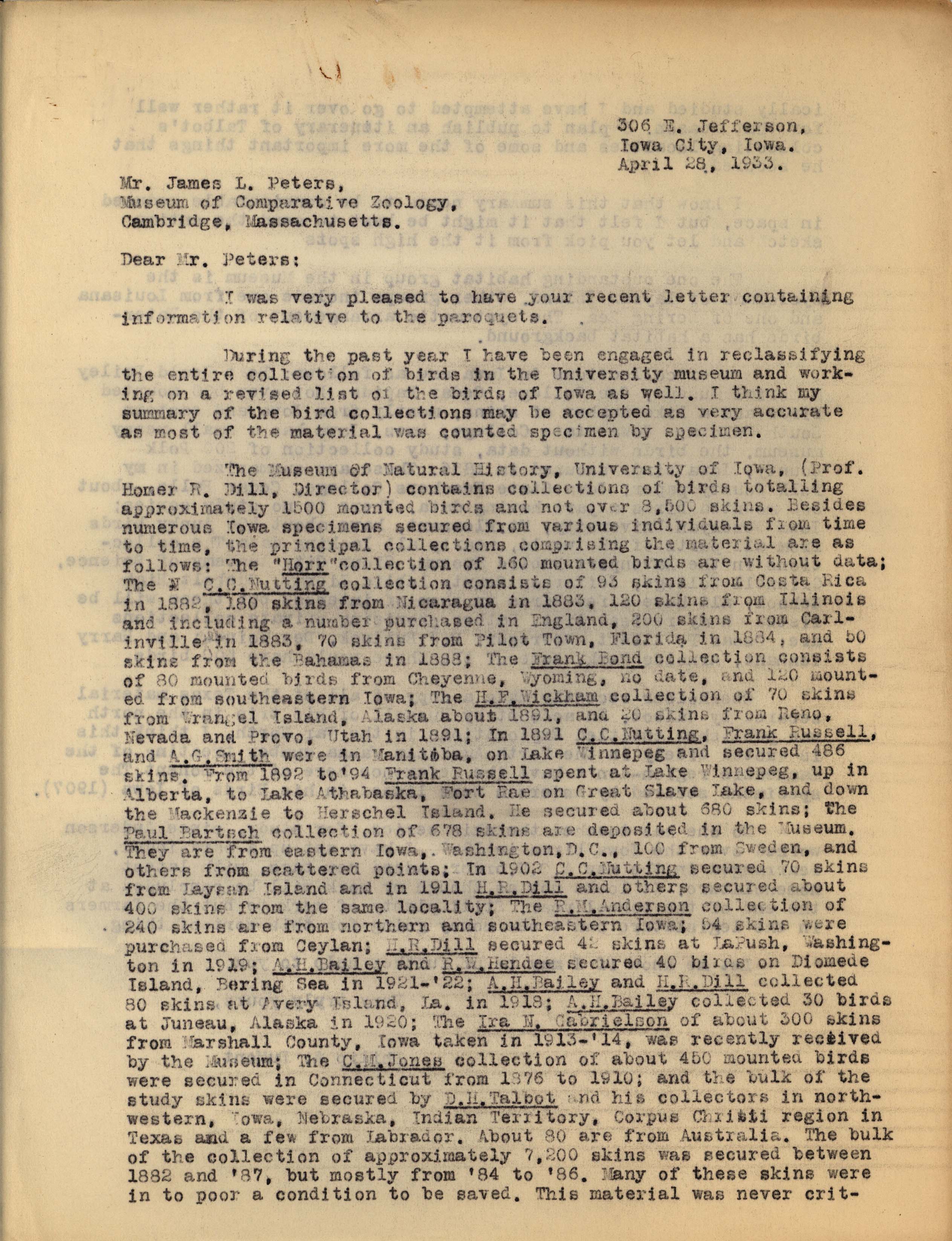 Philip DuMont letter to James Peters regarding bird collections, April 28, 1933