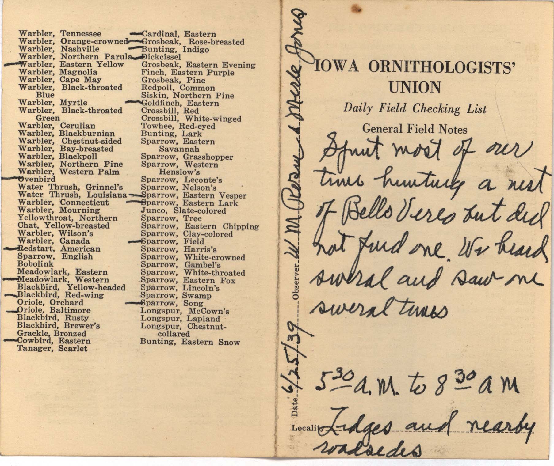 Daily field checking list by Walter Rosene, June 25, 1939