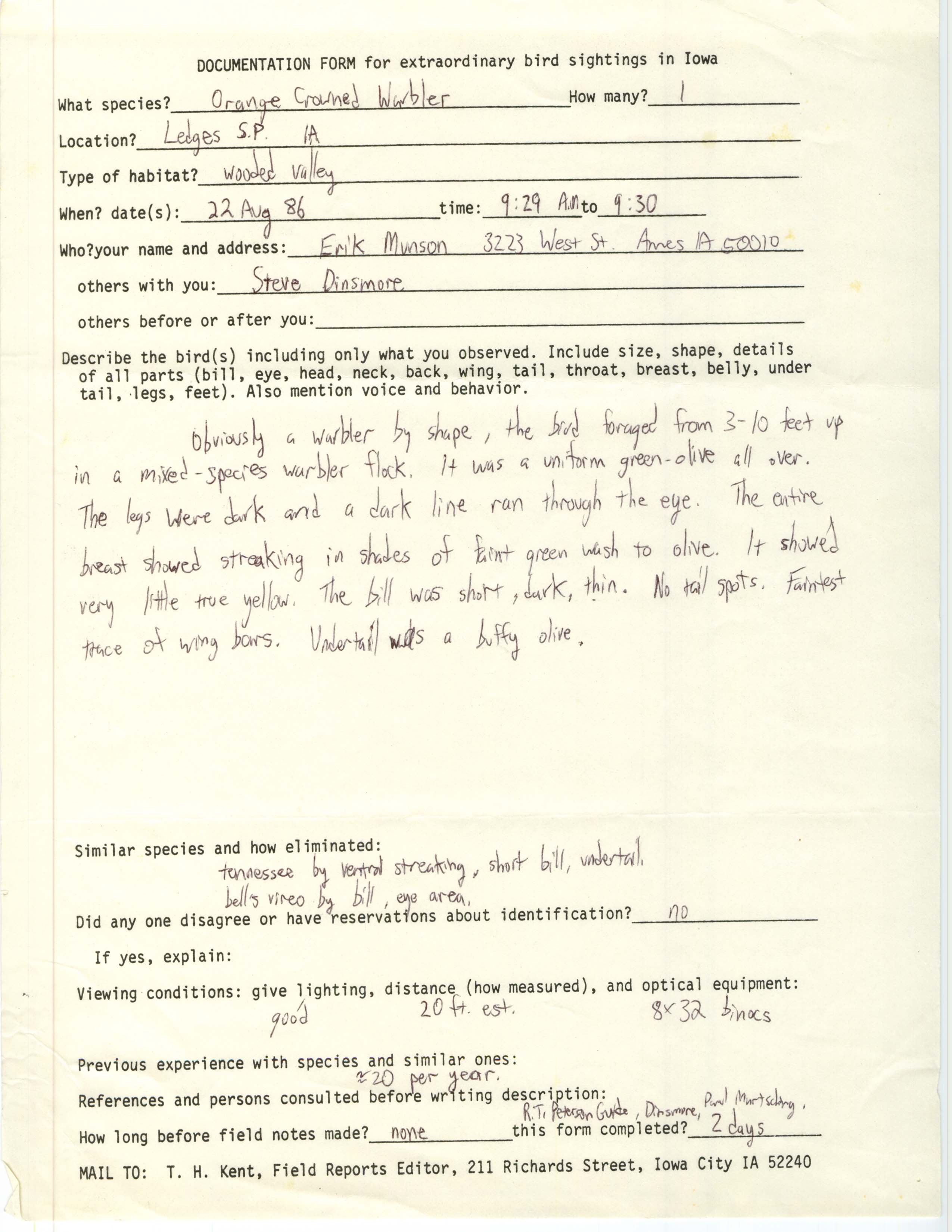 Rare bird documentation form for Orange-crowned Warbler at Ledges State Park in 1986