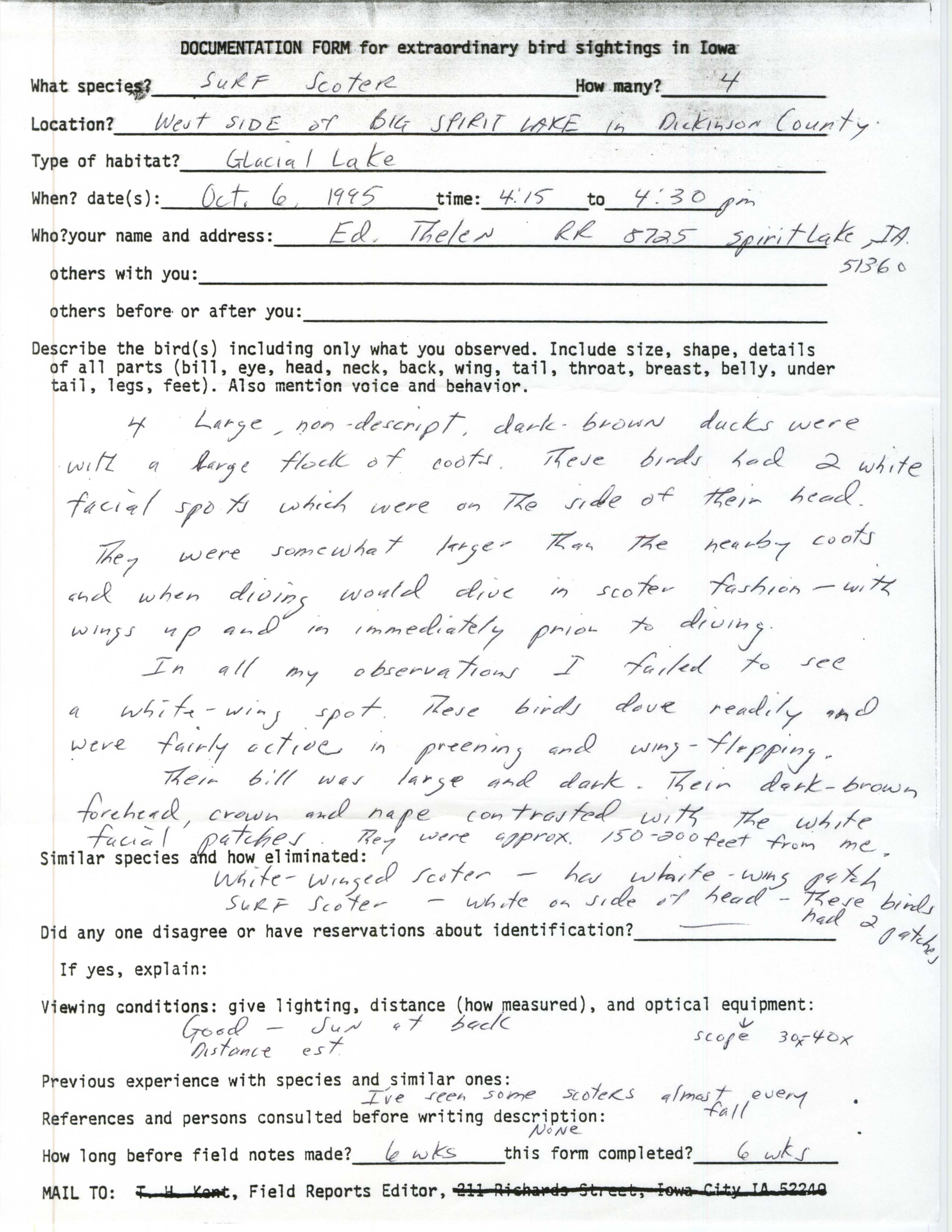 Rare bird documentation form for Surf Scoter at Big Spirit Lake, 1995