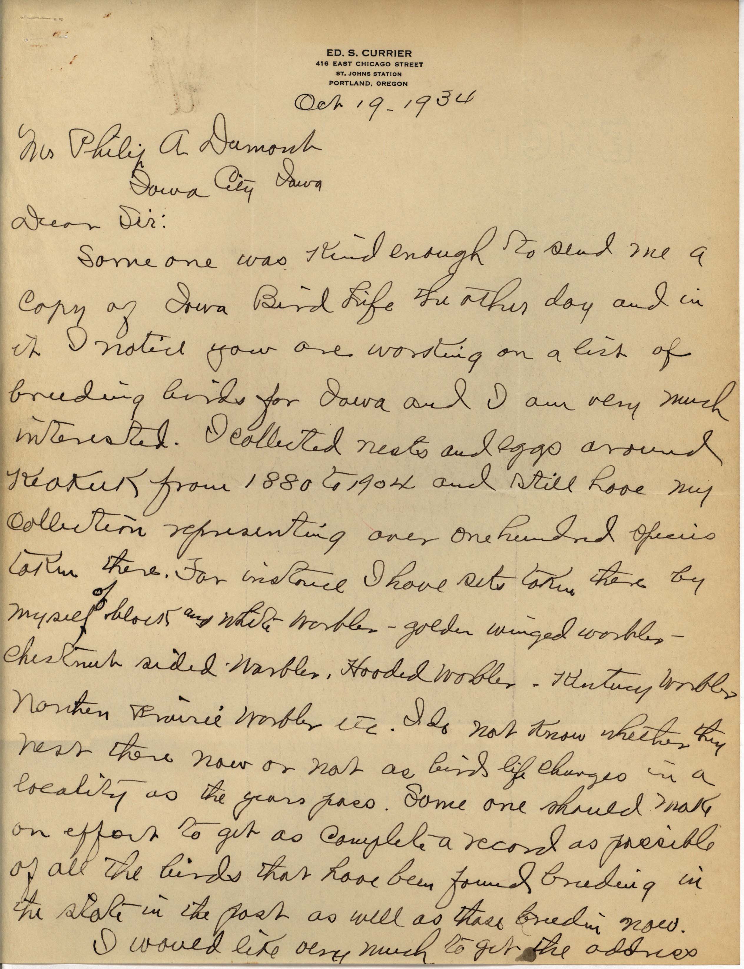 Ed Currier letter to Philip DuMont regarding nest and egg collection, October 19, 1934