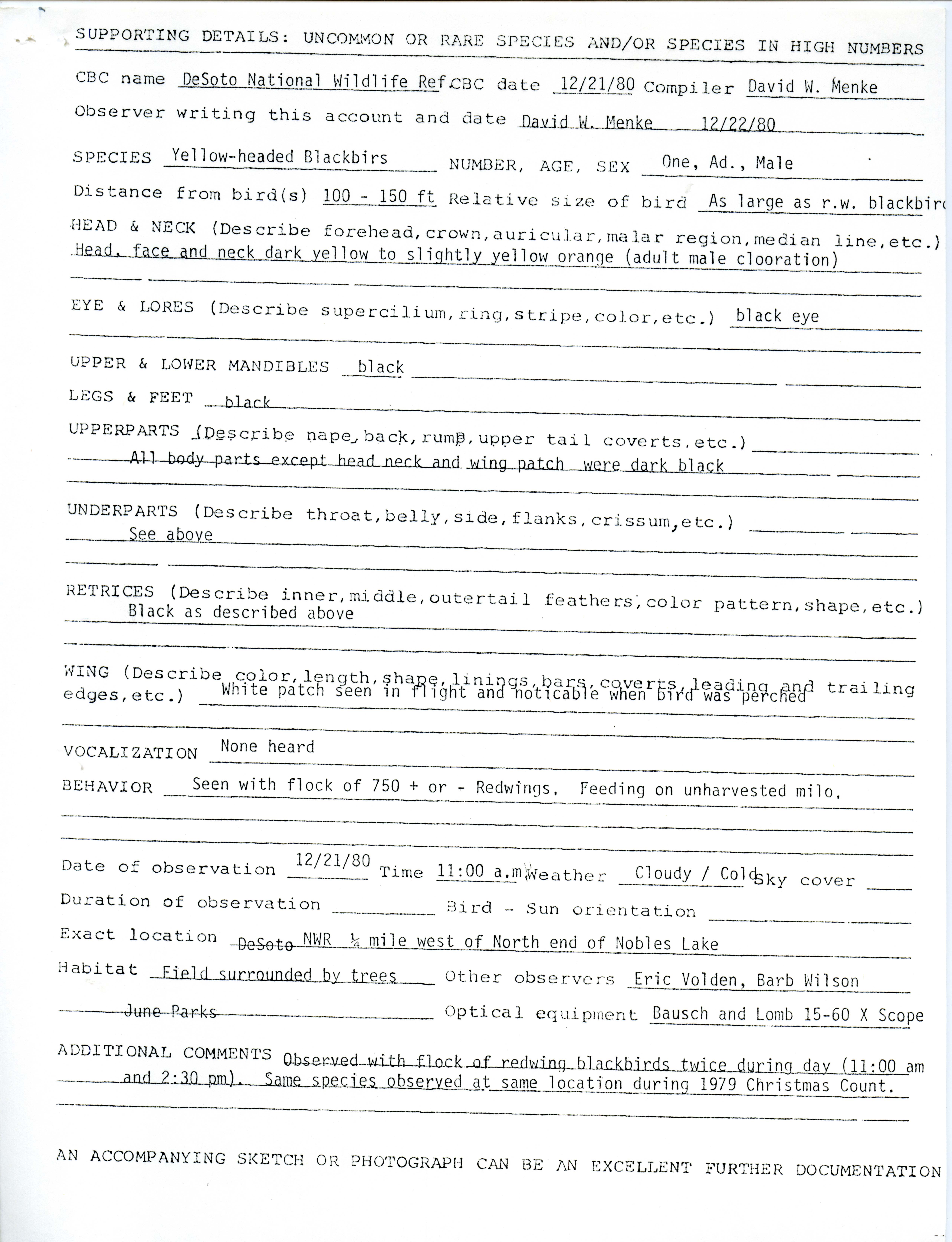 Supporting details form for Yellow-headed Blackbird sighting submitted by David W. Menke, December 21 1980
