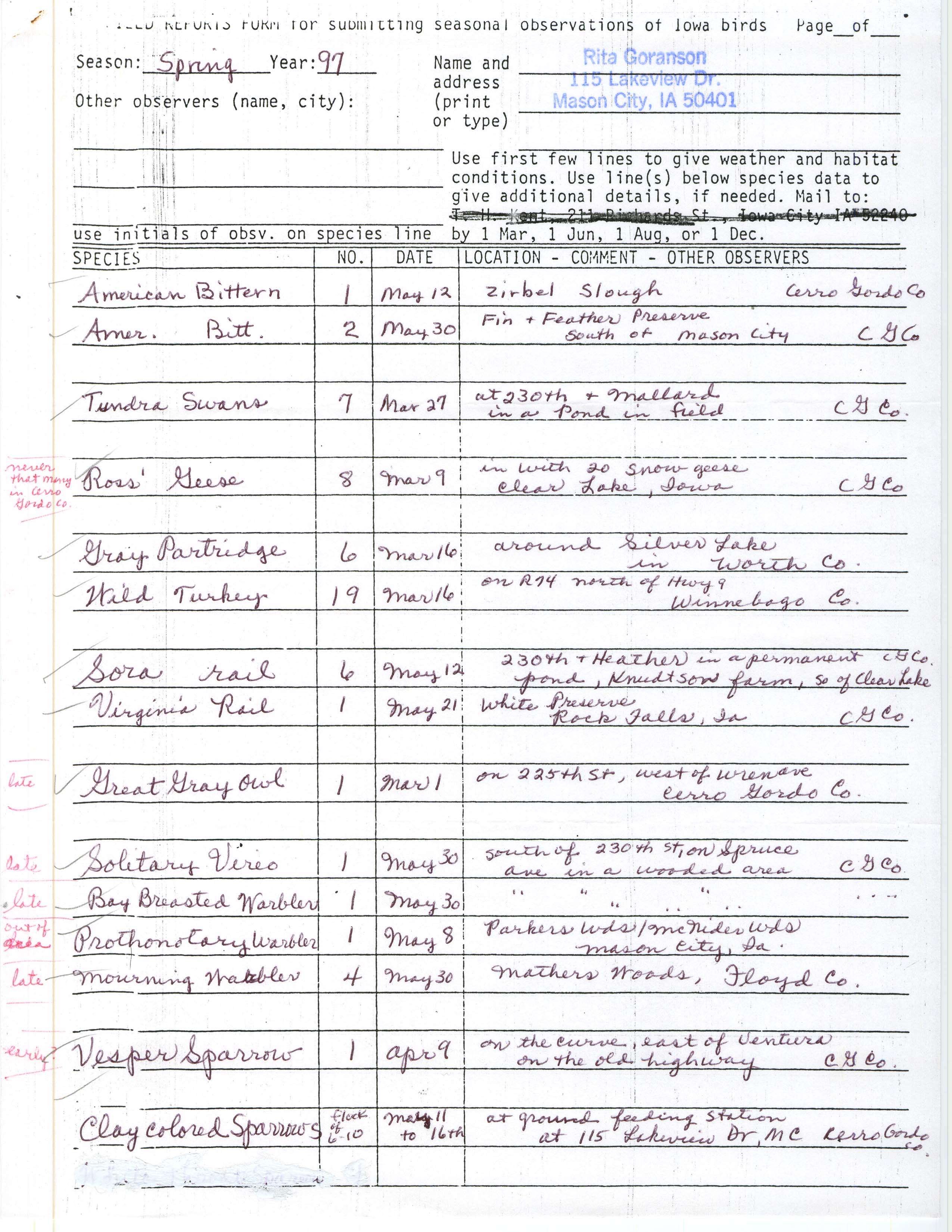 Field reports form for submitting seasonal observations of Iowa birds, Rita Goranson, spring 1997