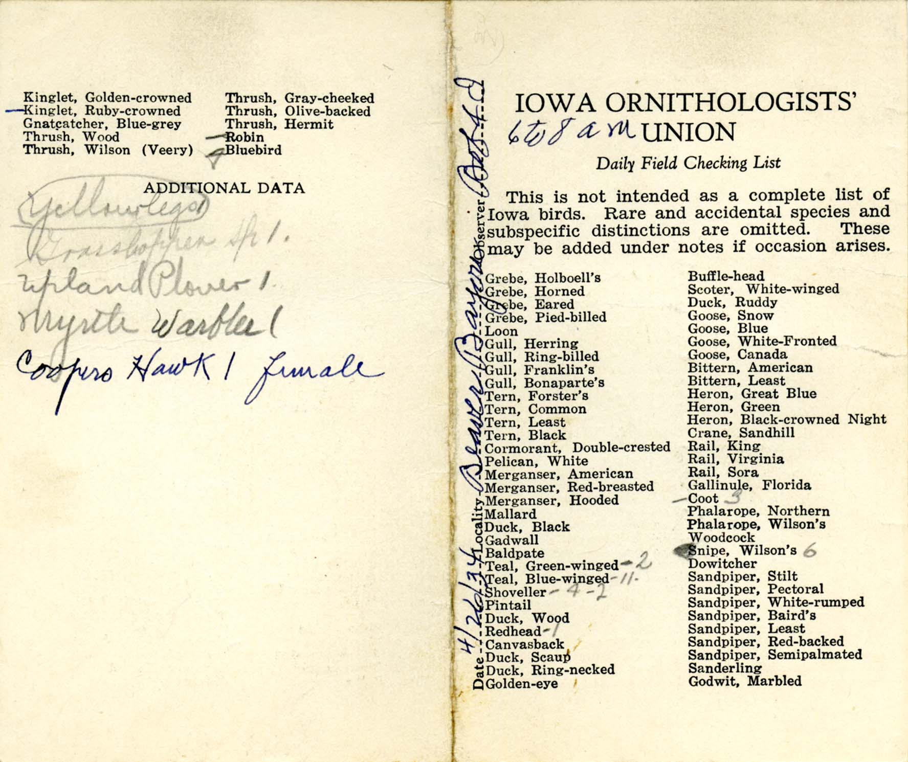 Daily field checking list, Walter Rosene, April 26, 1934