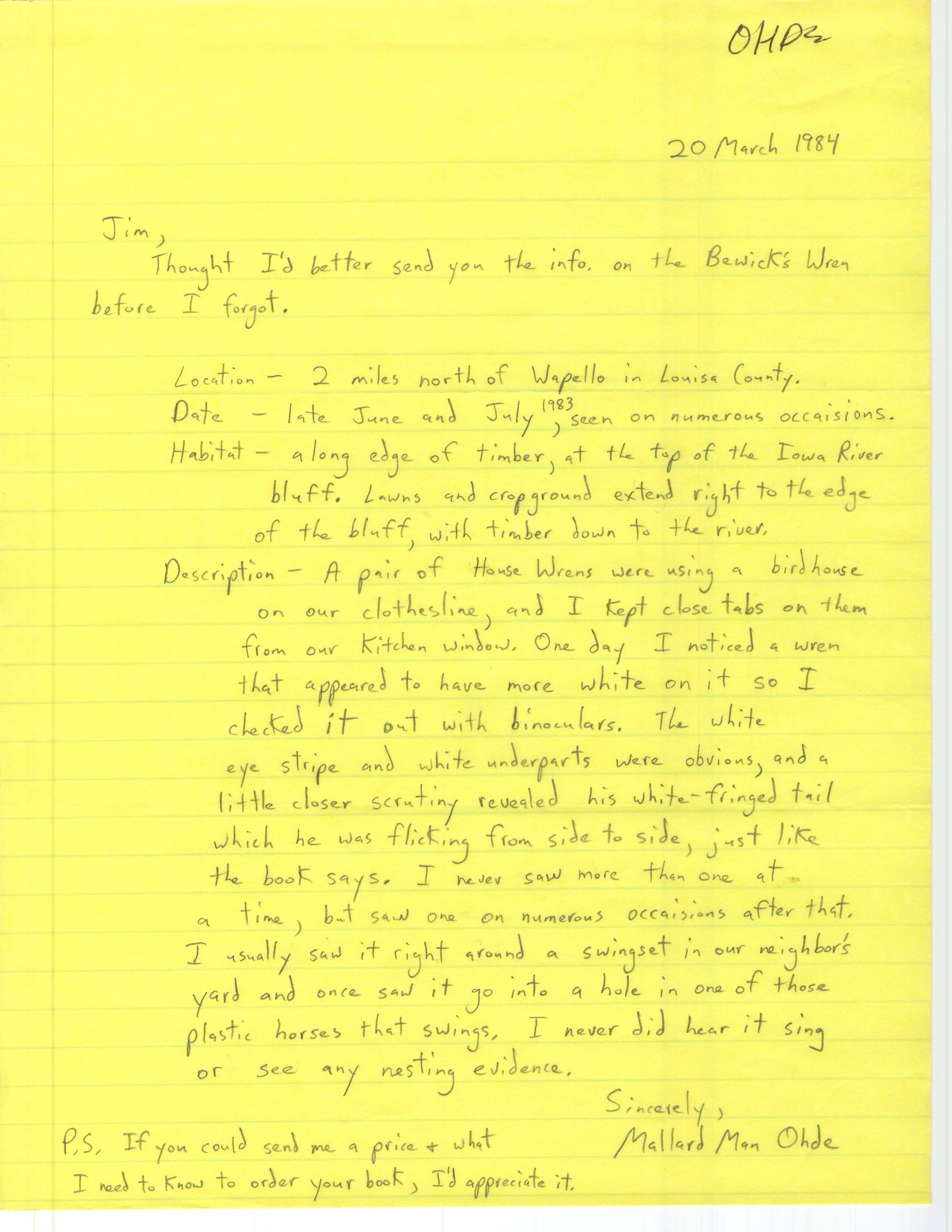 Bill Ohde letter to Jim Dinsmore regarding a Berwick's Wren, March 20, 1984