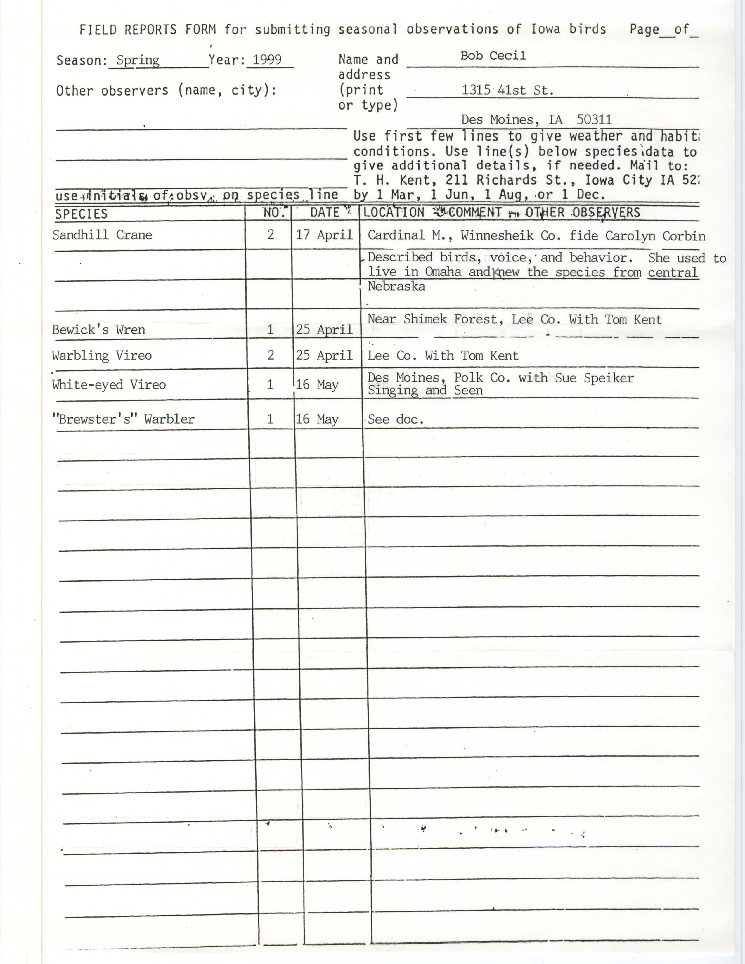 Field reports form for submitting seasonal observations of Iowa birds, Bob Cecil, spring 1999