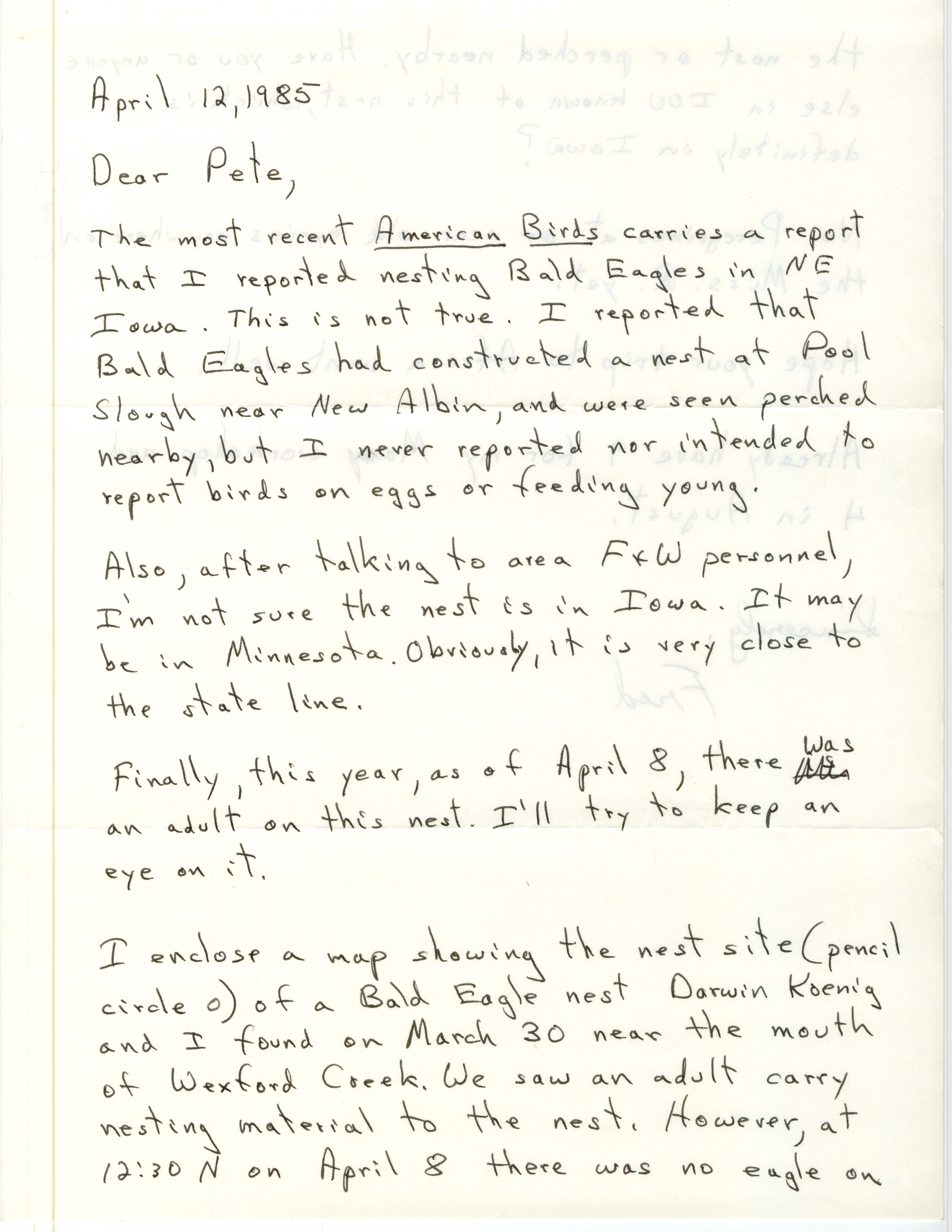 Fred Lesher letter to Peter C. Petersen regarding Bald Eagle nests, April 12, 1985