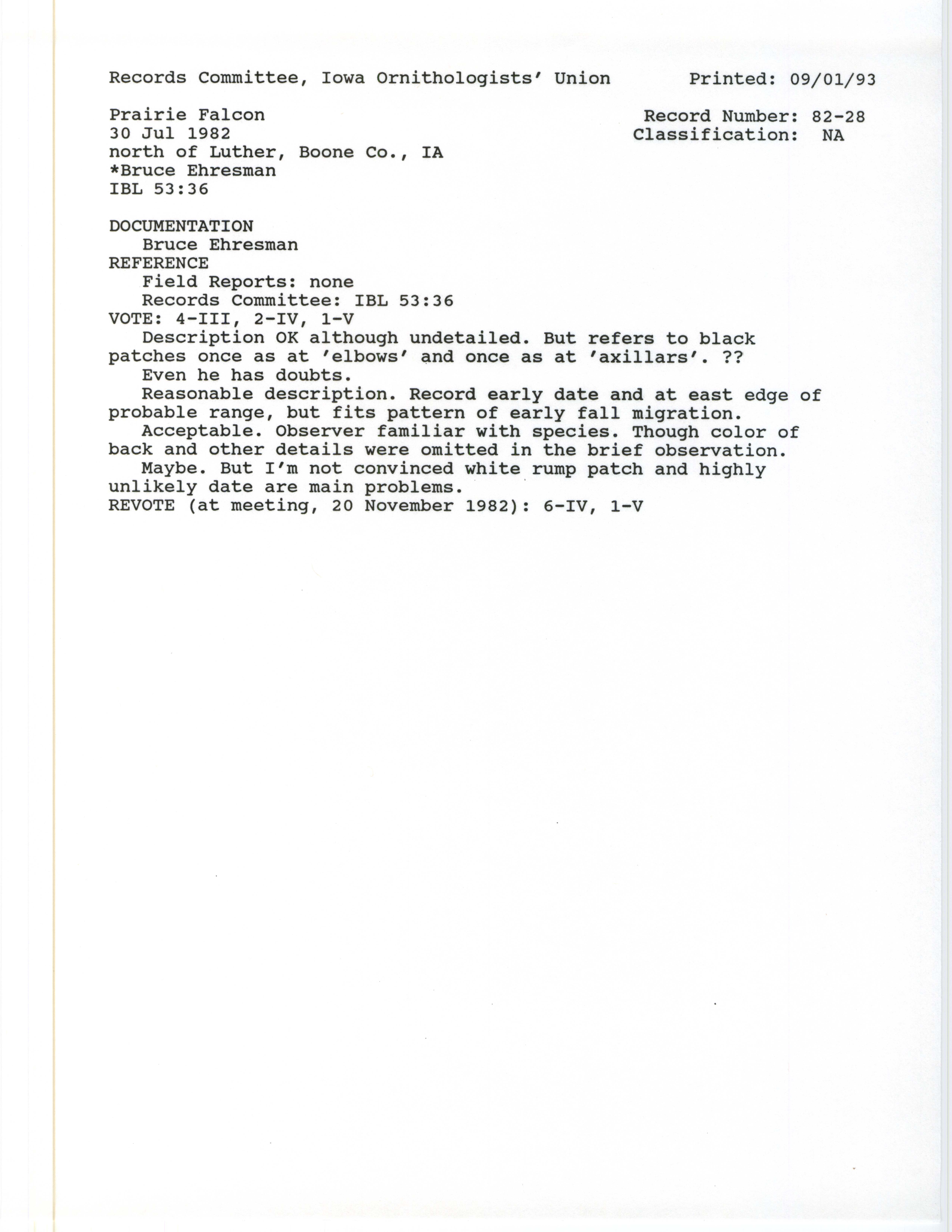 Records Committee review for rare bird sighting of Prairie Falcon north of Luther, 1982