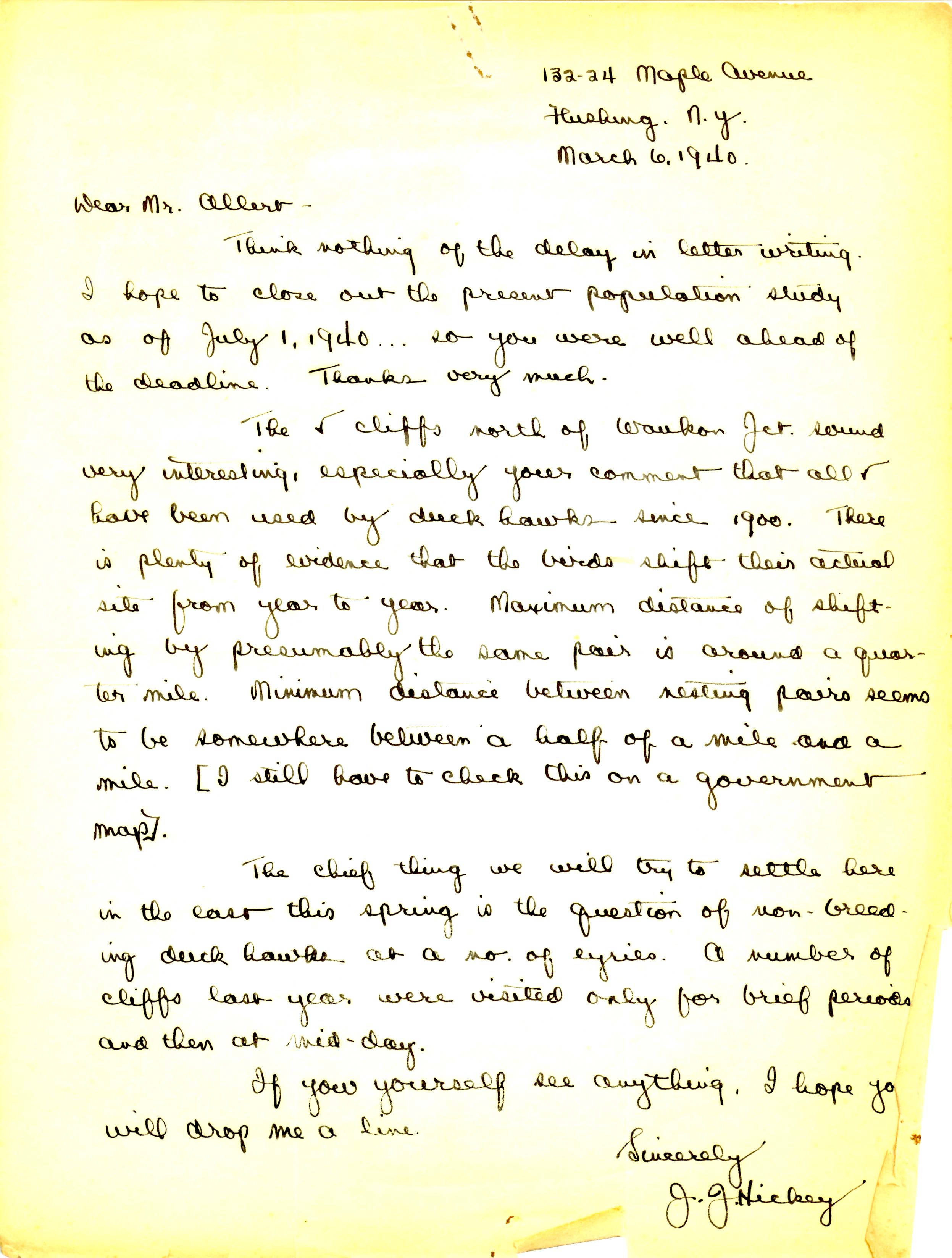 Joseph Hickey letter to Oscar Allert regarding Peregrine Falcon sightings, March 6, 1940