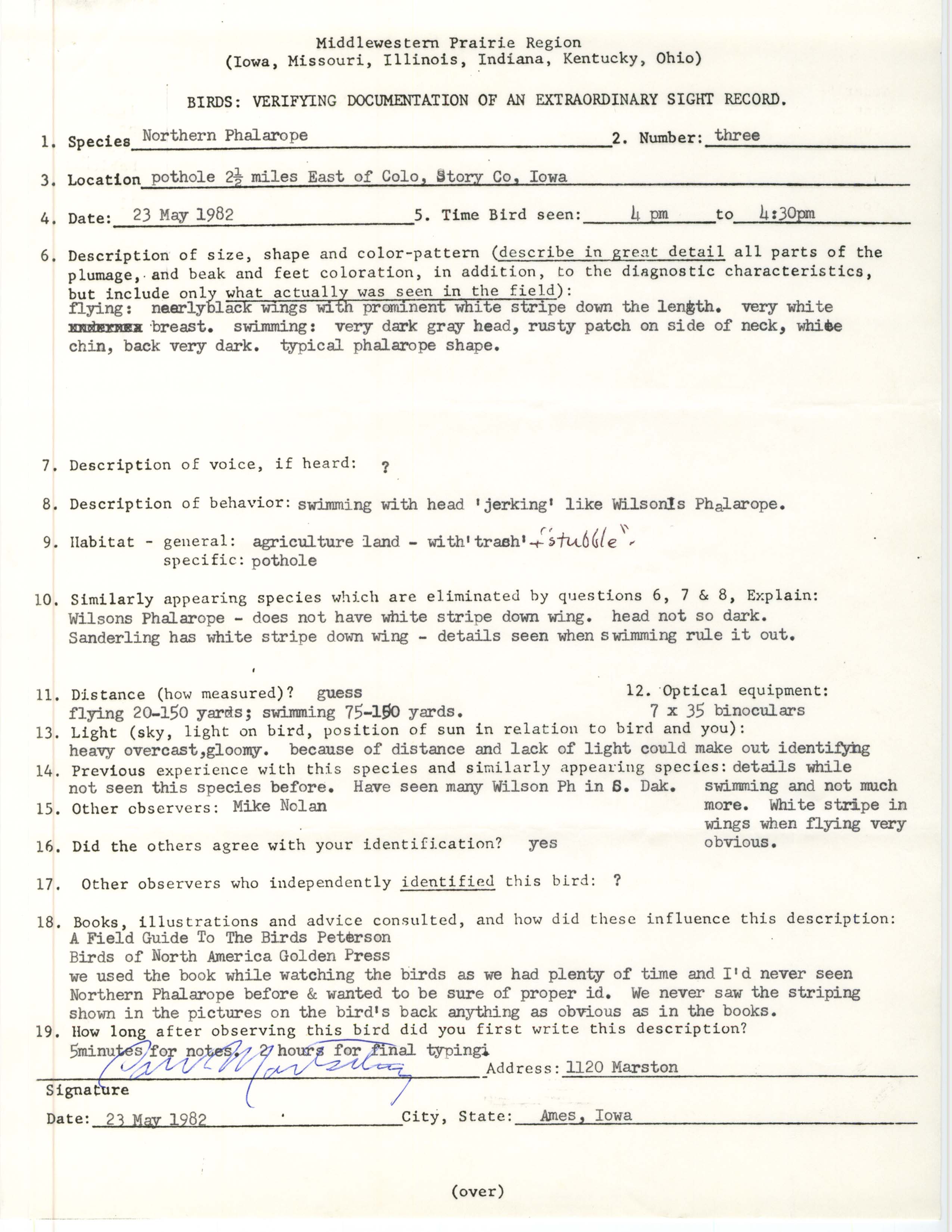 Rare bird documentation form for Red-necked Phalarope east of Colo, 1982.