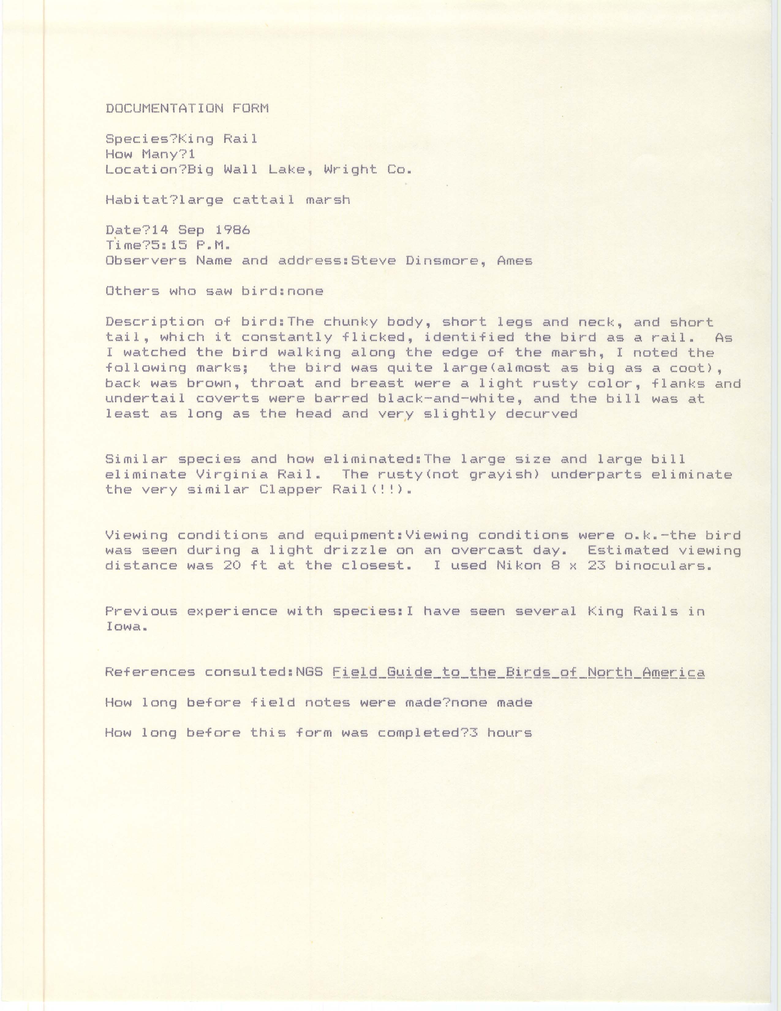 Rare bird documentation form for King Rail at Big Wall Lake, 1986