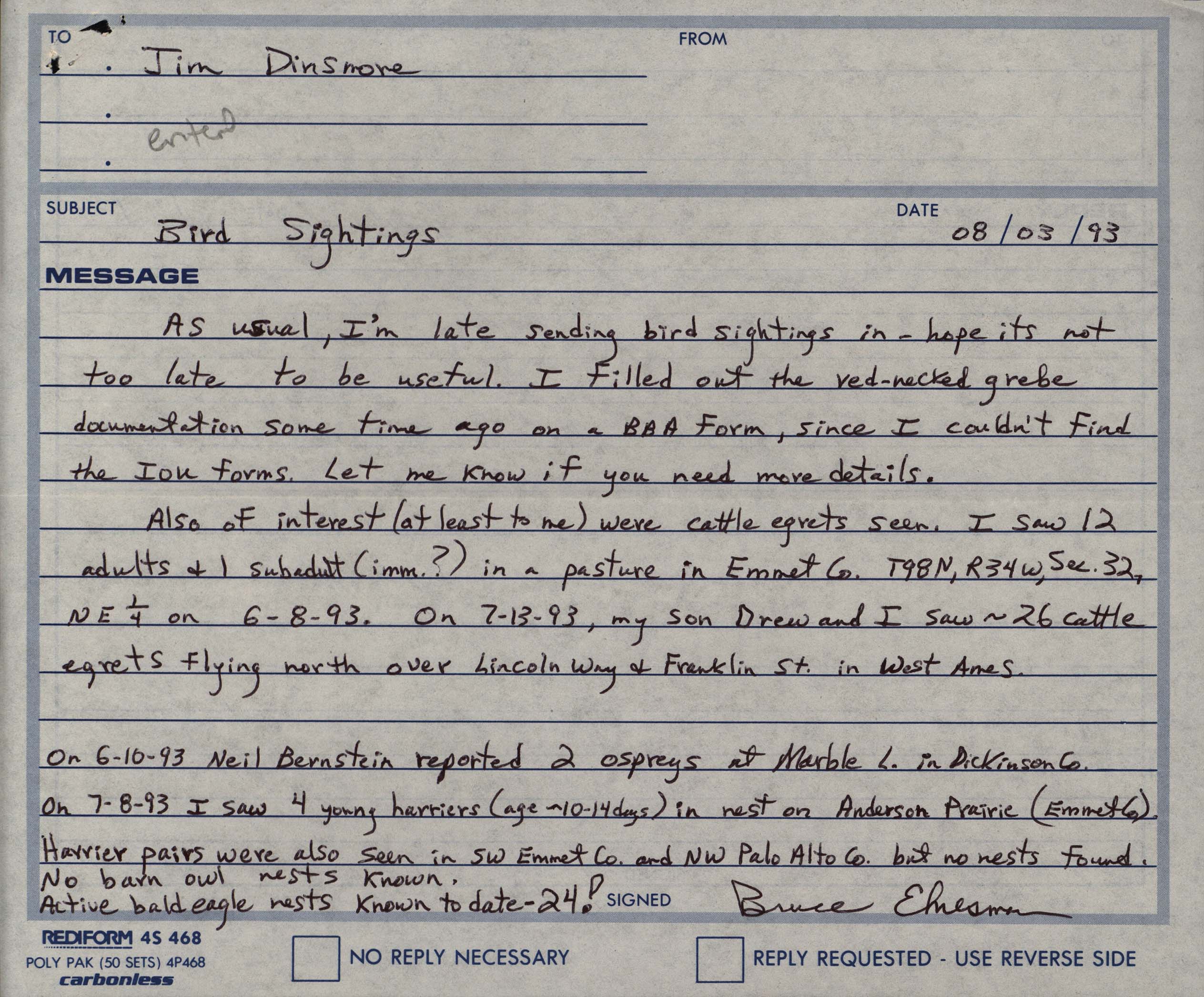 Bruce Ehresman letter to James J. Dinsmore regarding summer bird sightings, August 3, 1993