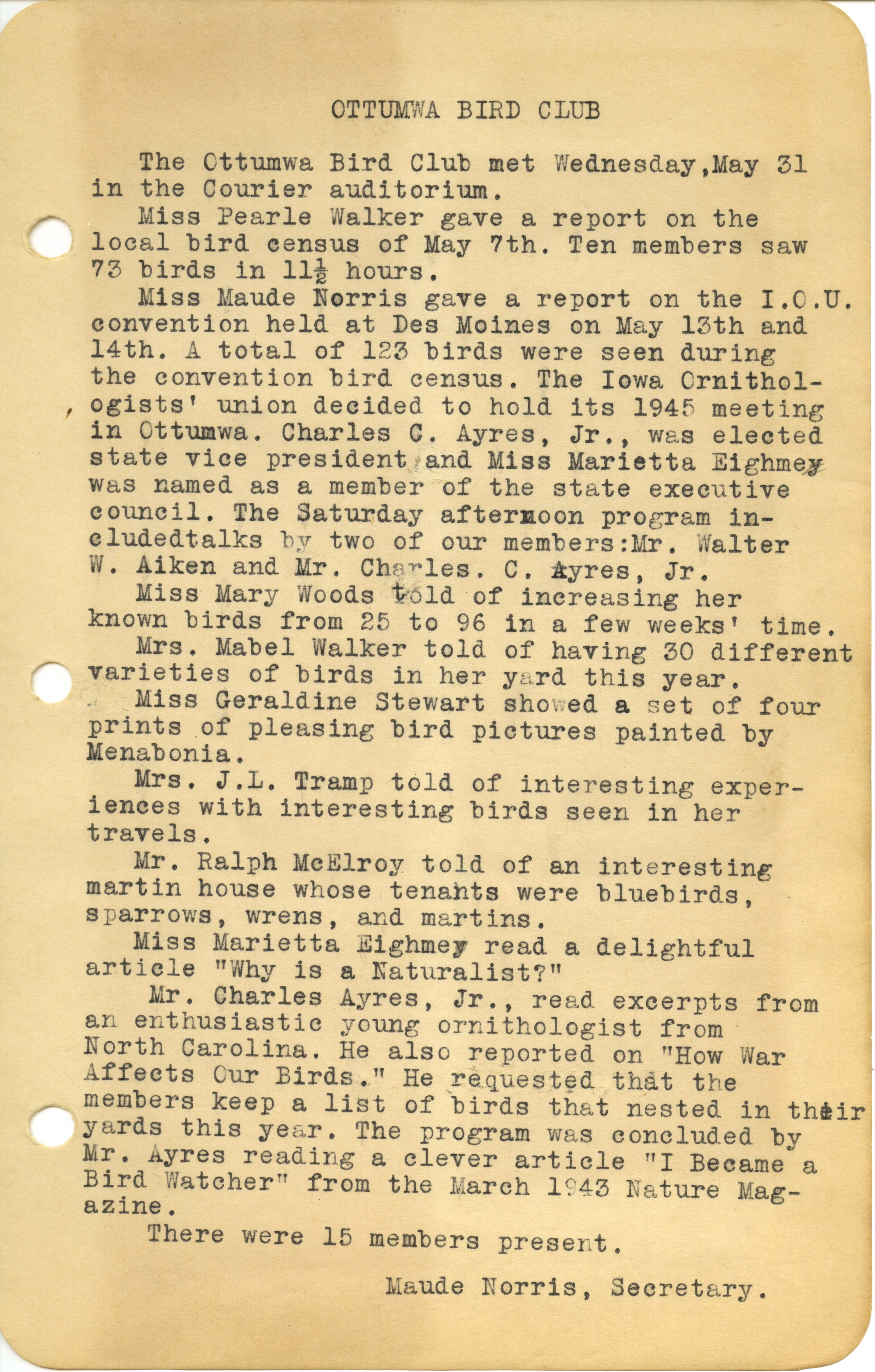 Ottumwa Bird Club meeting minutes, May 31, 1944