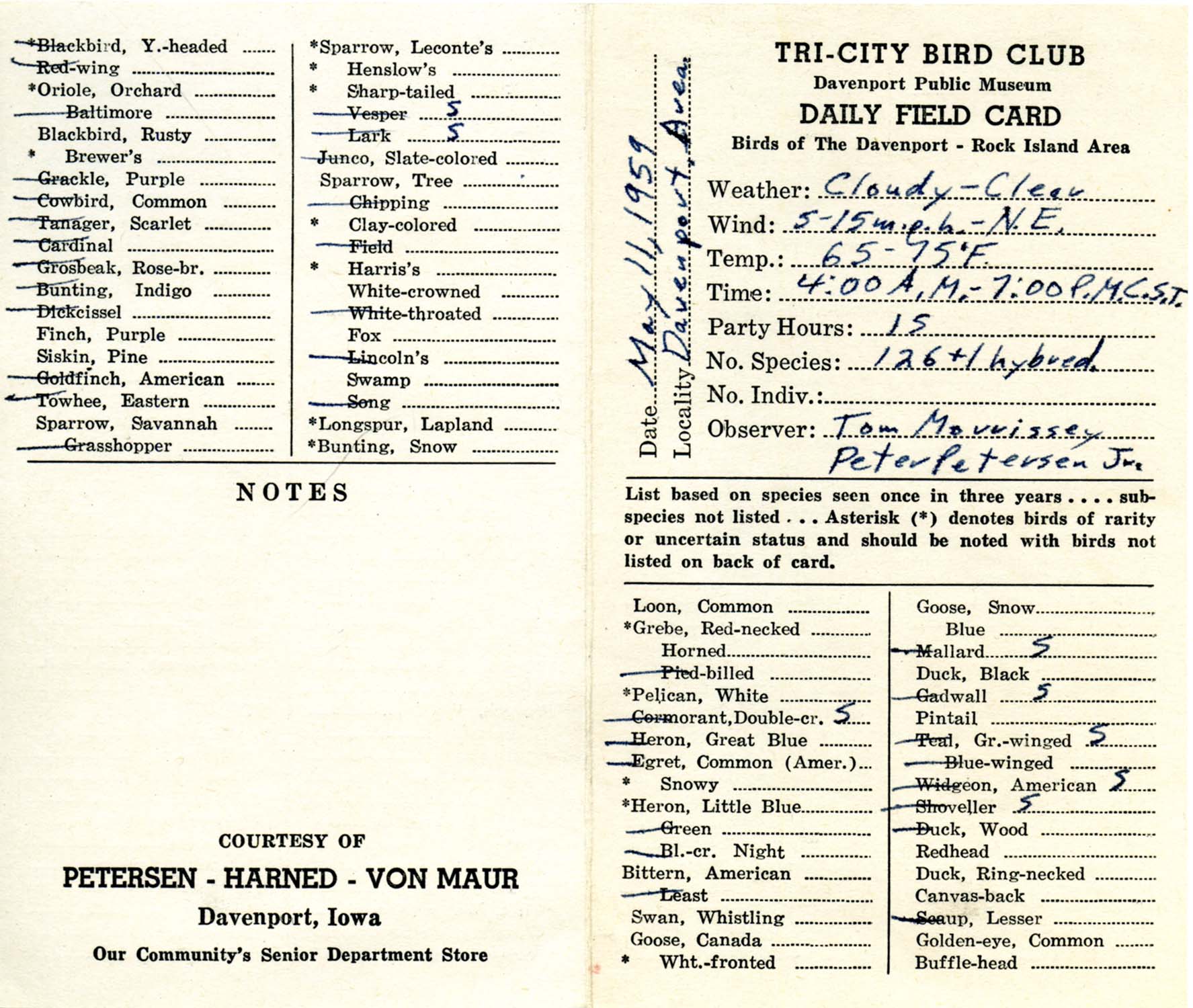 Tri-City bird checklist compiled by Peter C. Petersen and Thomas Morrissey, May 11, 1959