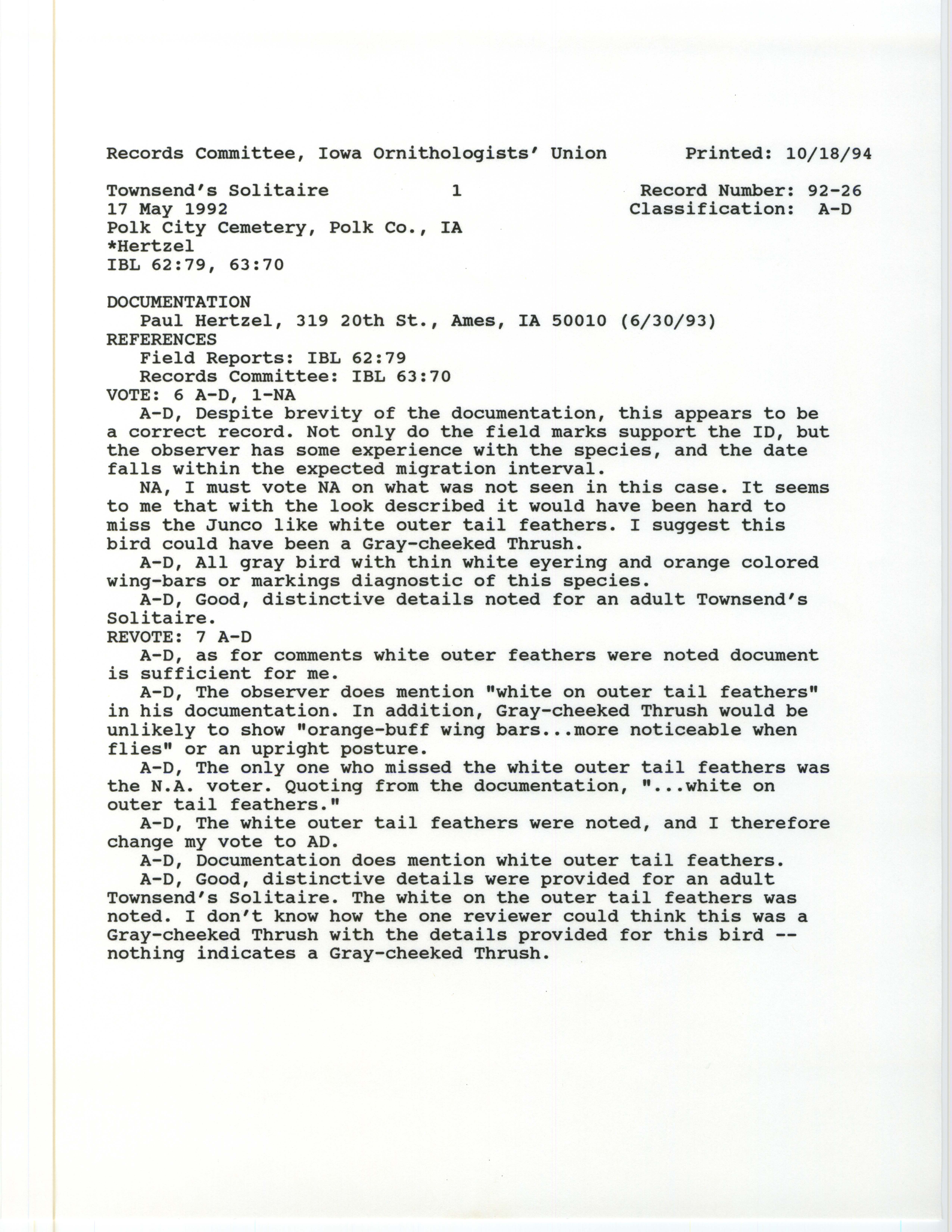 Records Committee review for rare bird sighting for Townsend's Solitaire at Polk City Cemetery, 1992