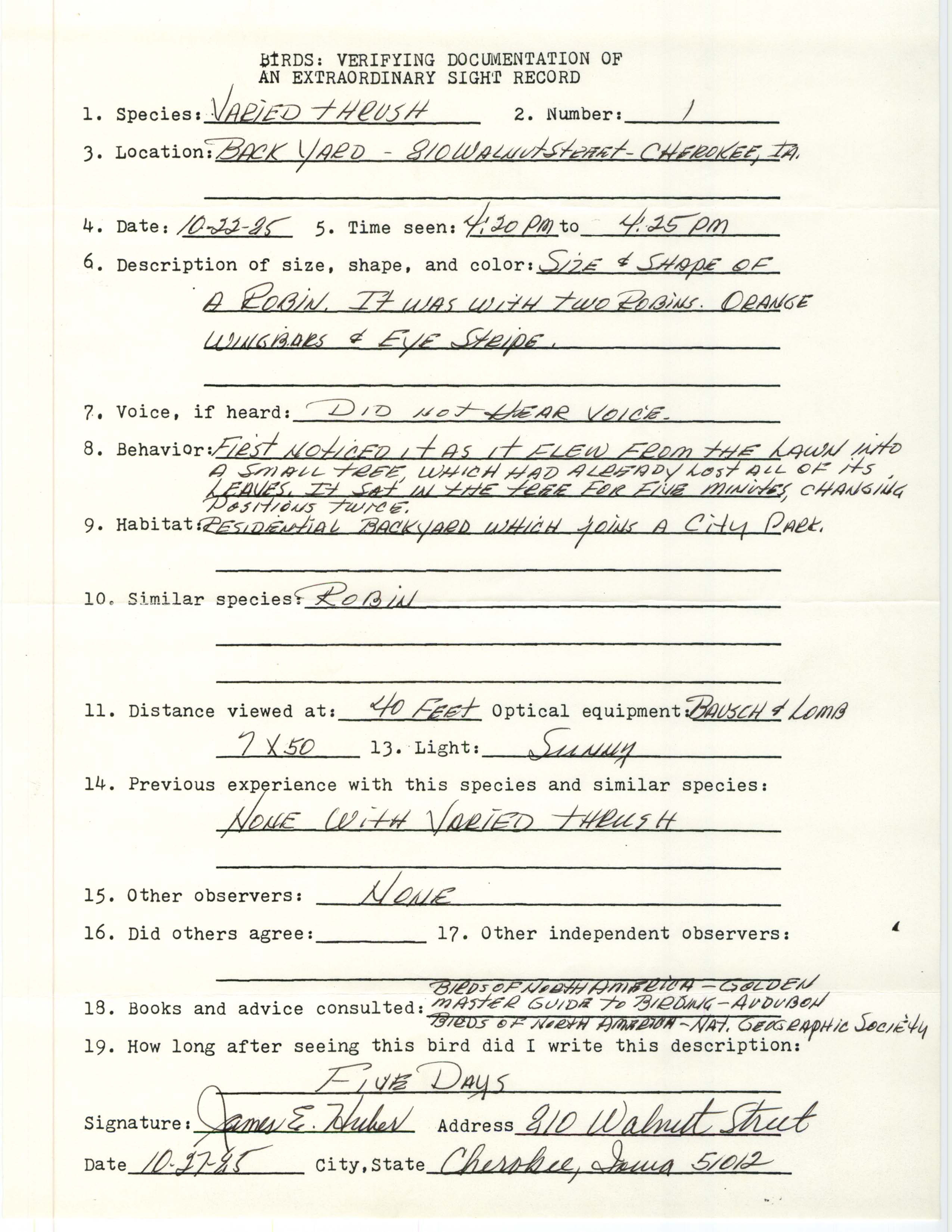 Rare bird documentation form for Varied Thrush at Cherokee, 1985