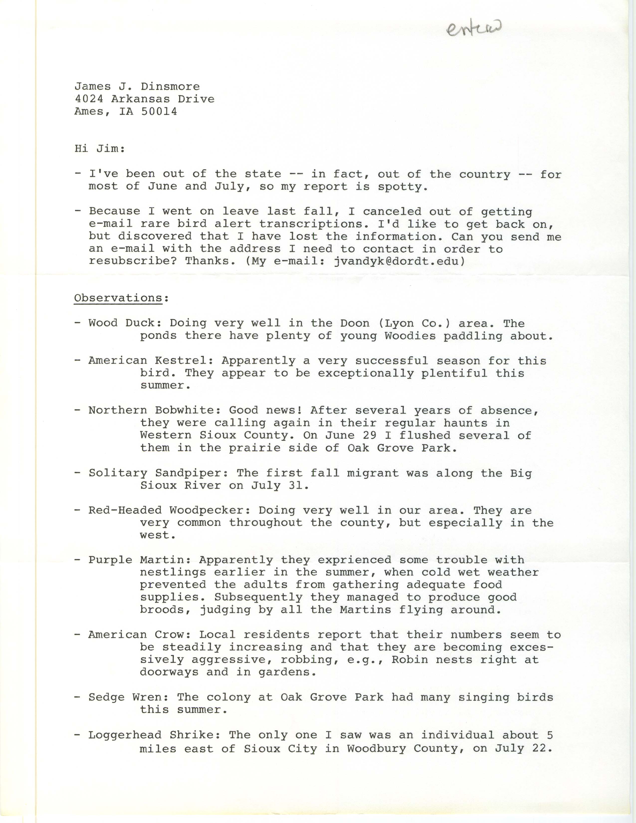 Field notes and John Van Dyk letter to James J. Dinsmore, summer 1996