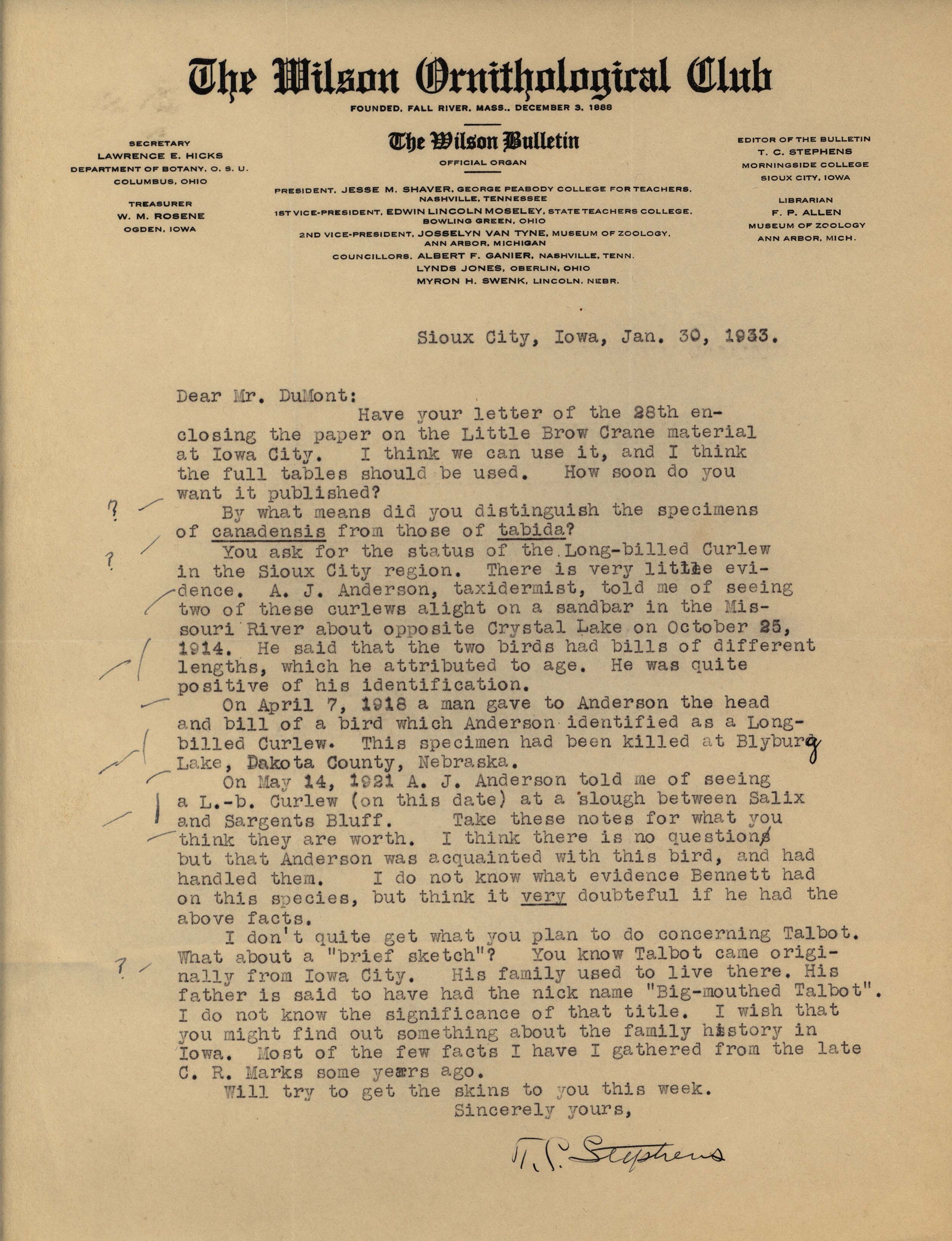 Thomas Stephens letter to Philip DuMont regarding the status of the Long-billed Curlew in the Sioux City region, January 30, 1933