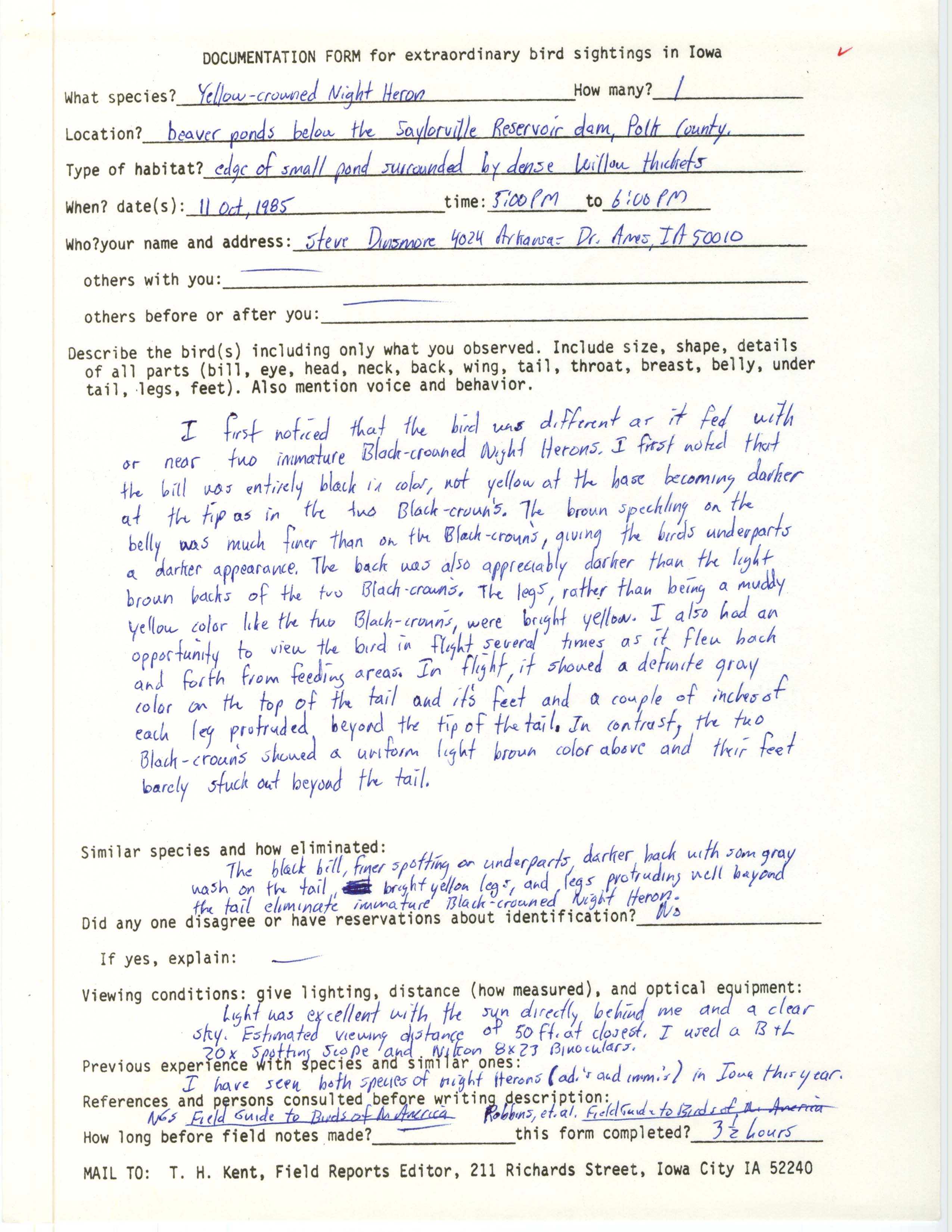 Rare bird documentation form for Yellow-crowned Night Heron at Saylorville Reservoir dam, 1985