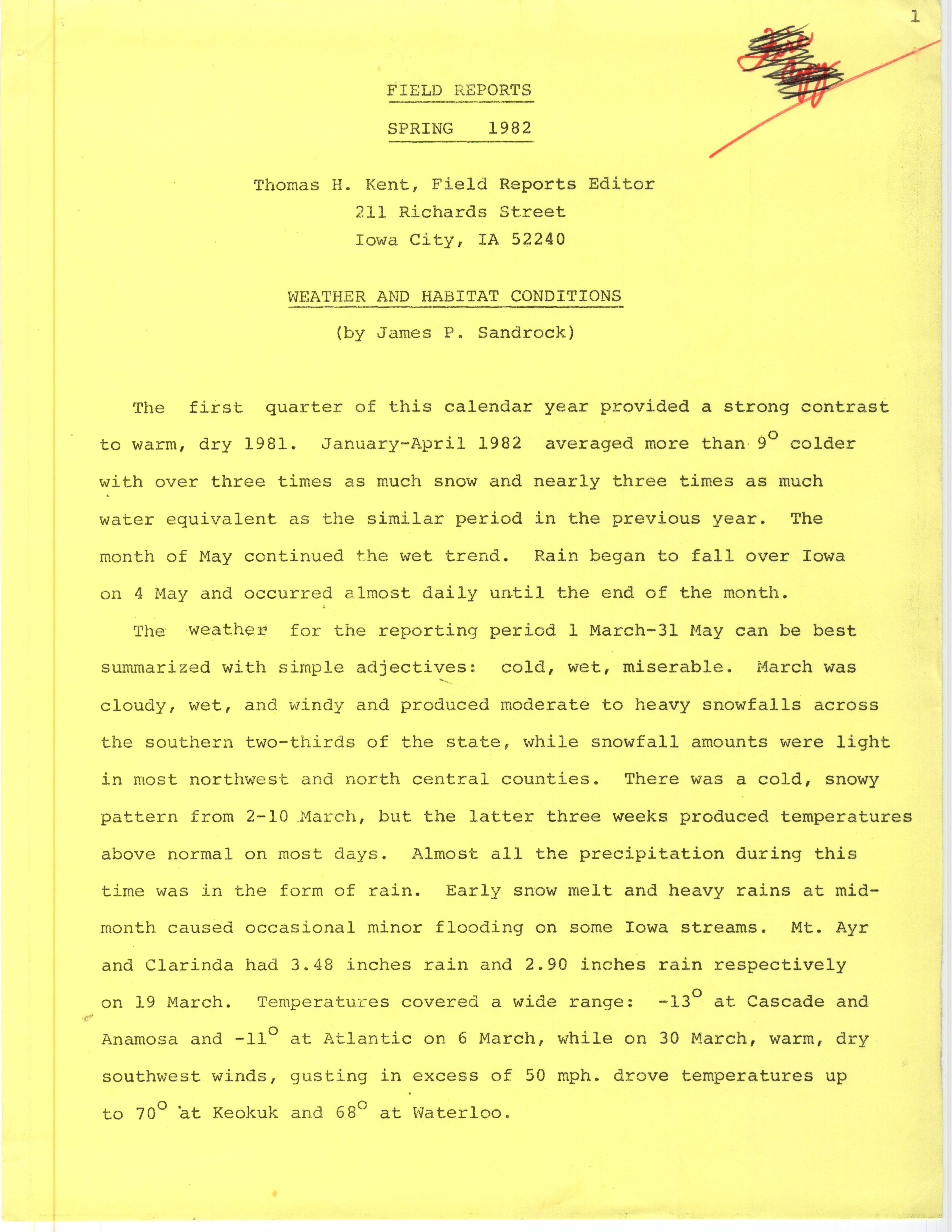 Iowa Ornithologists' Union, Quarterly field report, spring 1982