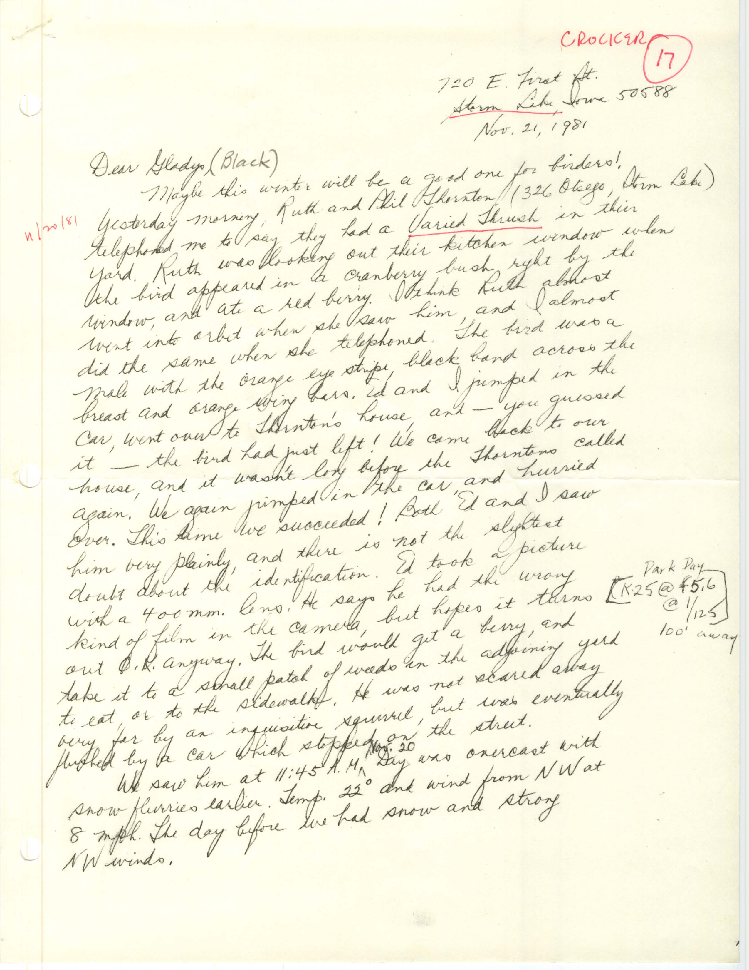 Virginia Crocker letter to Gladys Black regarding the sighting of a Varied Thrush at Storm Lake, November 21, 1981