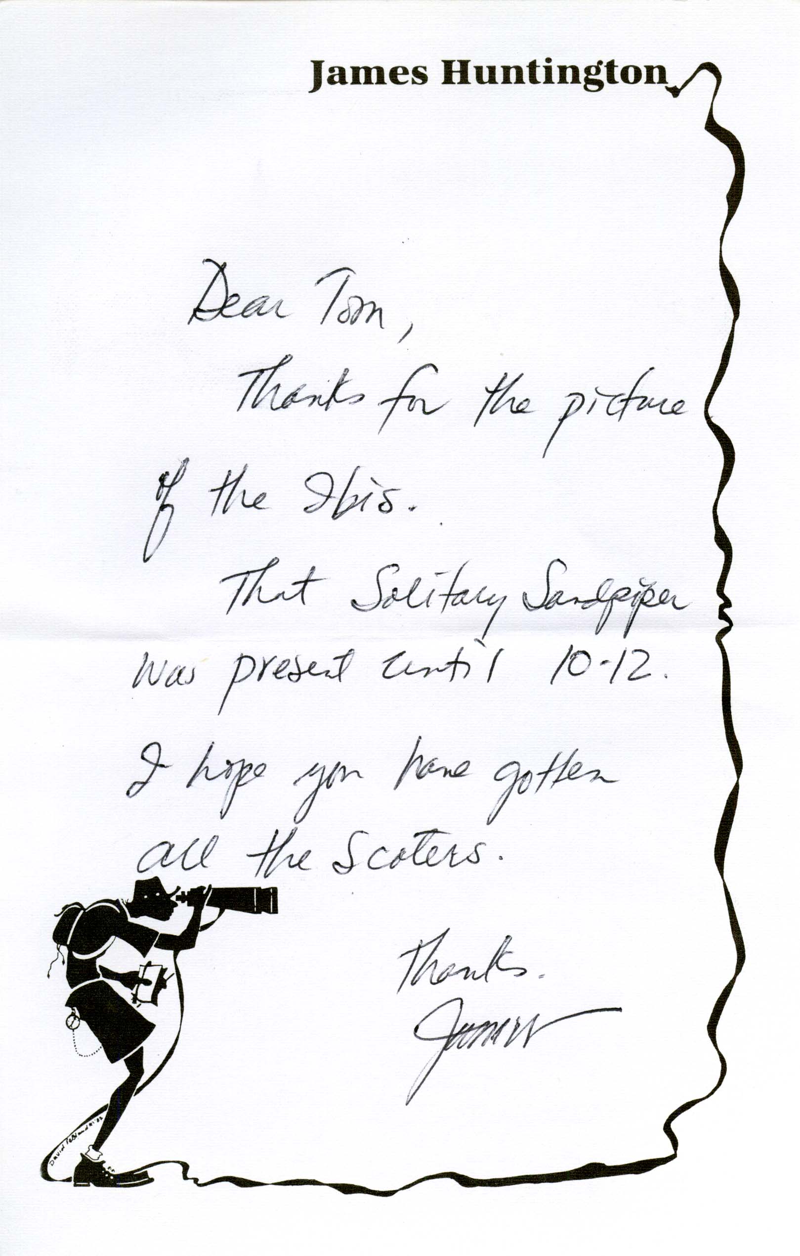 James Huntington letter to Thomas H. Kent regarding bird sightings, fall 1995