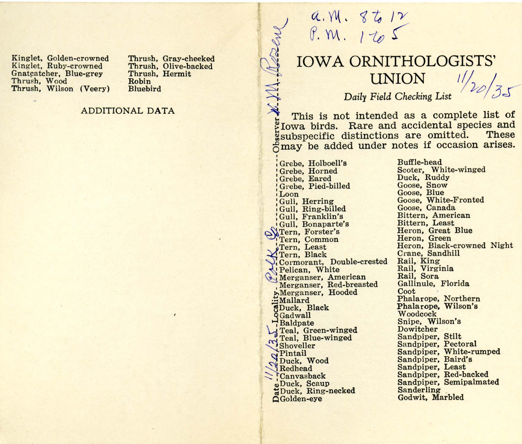 Daily field checking list, Walter Rosene, November 20, 1935