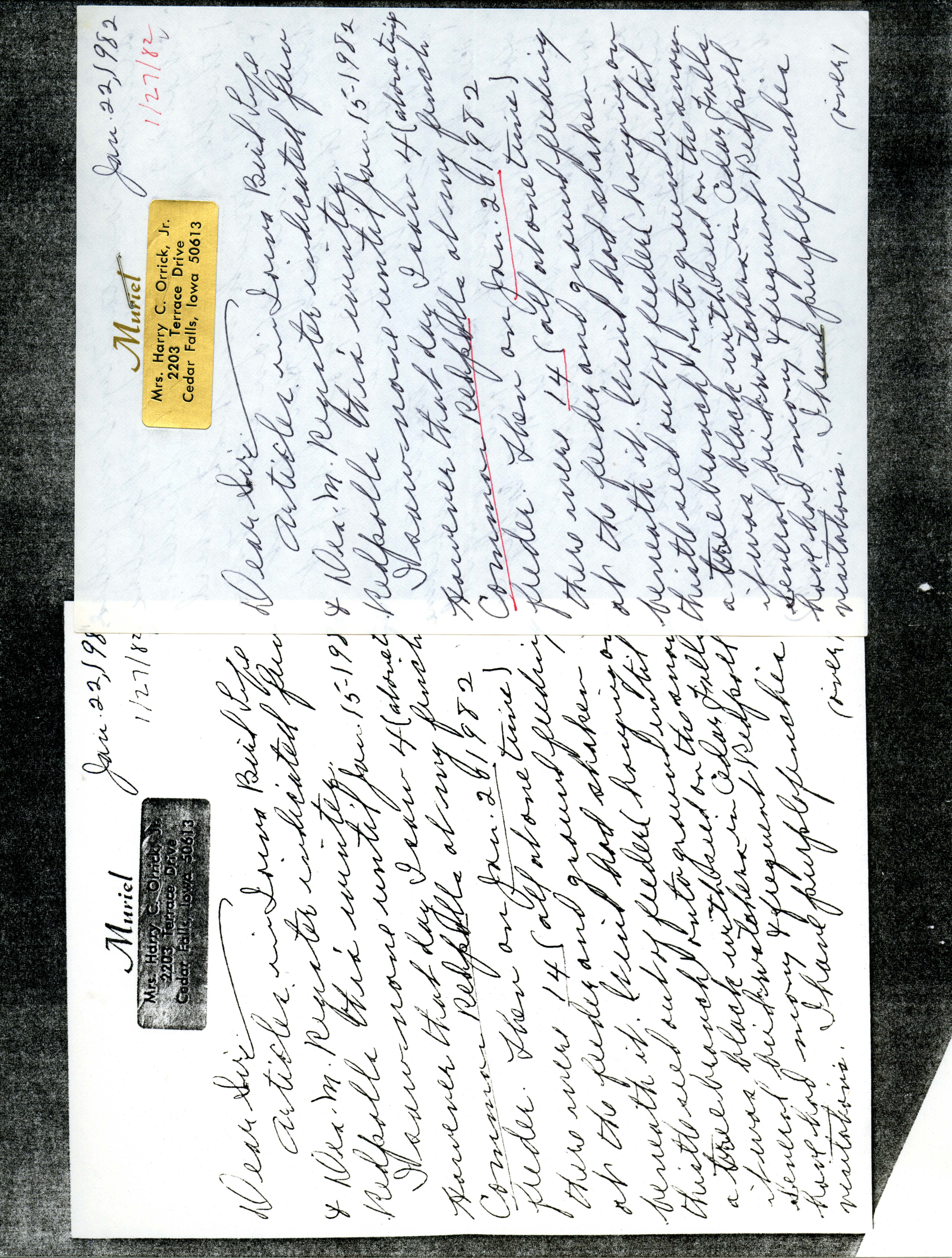 Letter from Muriel Correll Orrick regarding field notes, January 22, 1982