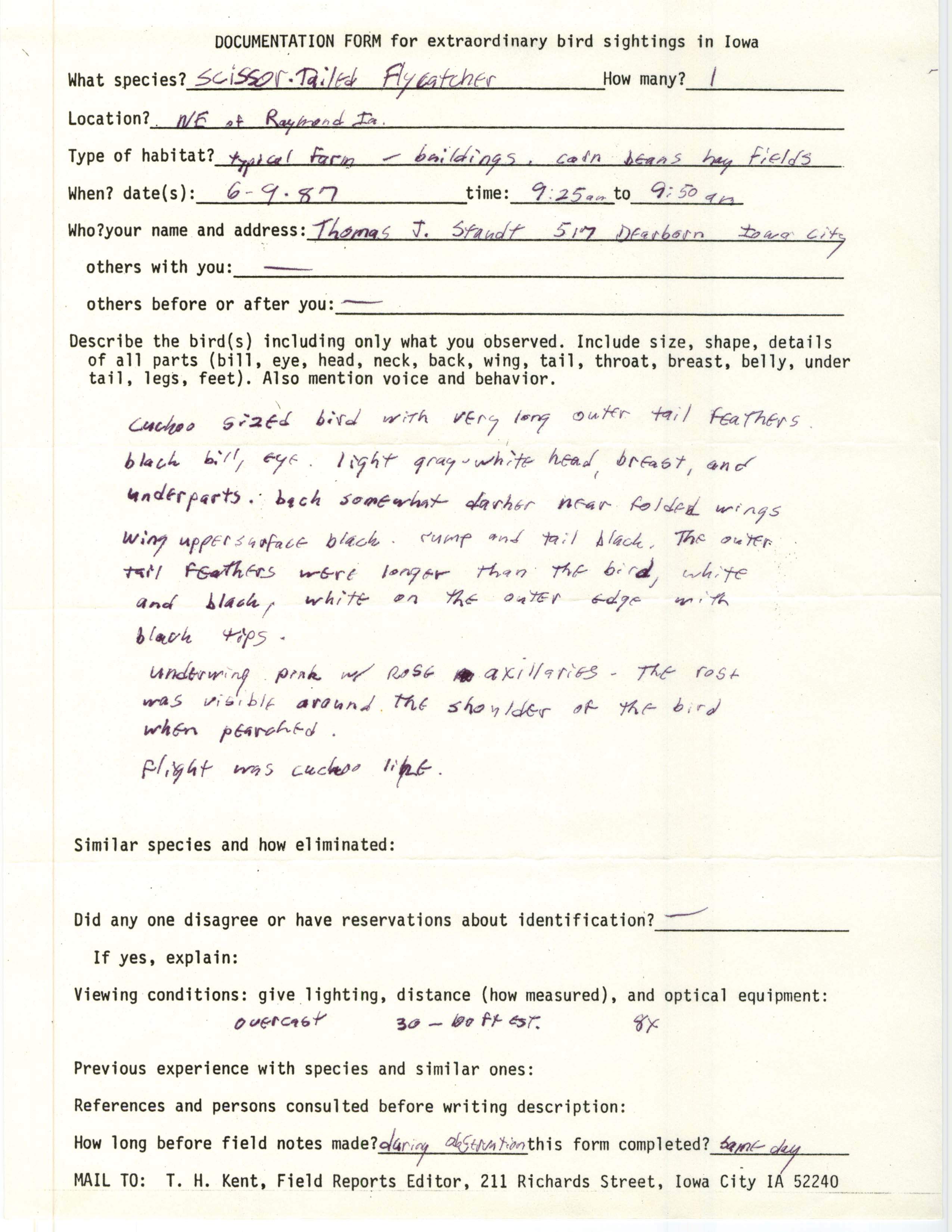 Rare bird documentation form for Scissor-tailed Flycatcher northeast of Raymond in 1987