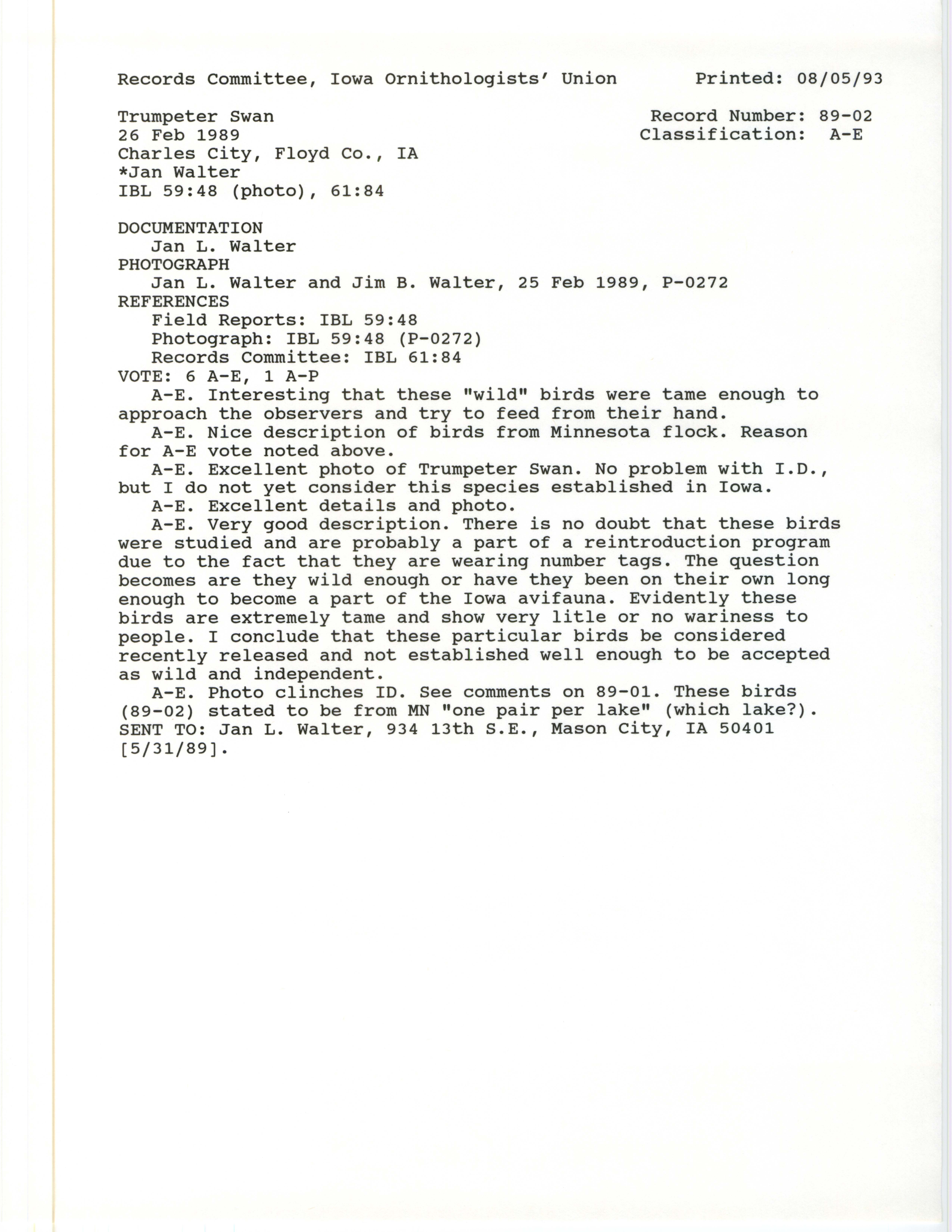 Records Committee review for rare bird sighting of Trumpeter Swan at Charles City, 1989