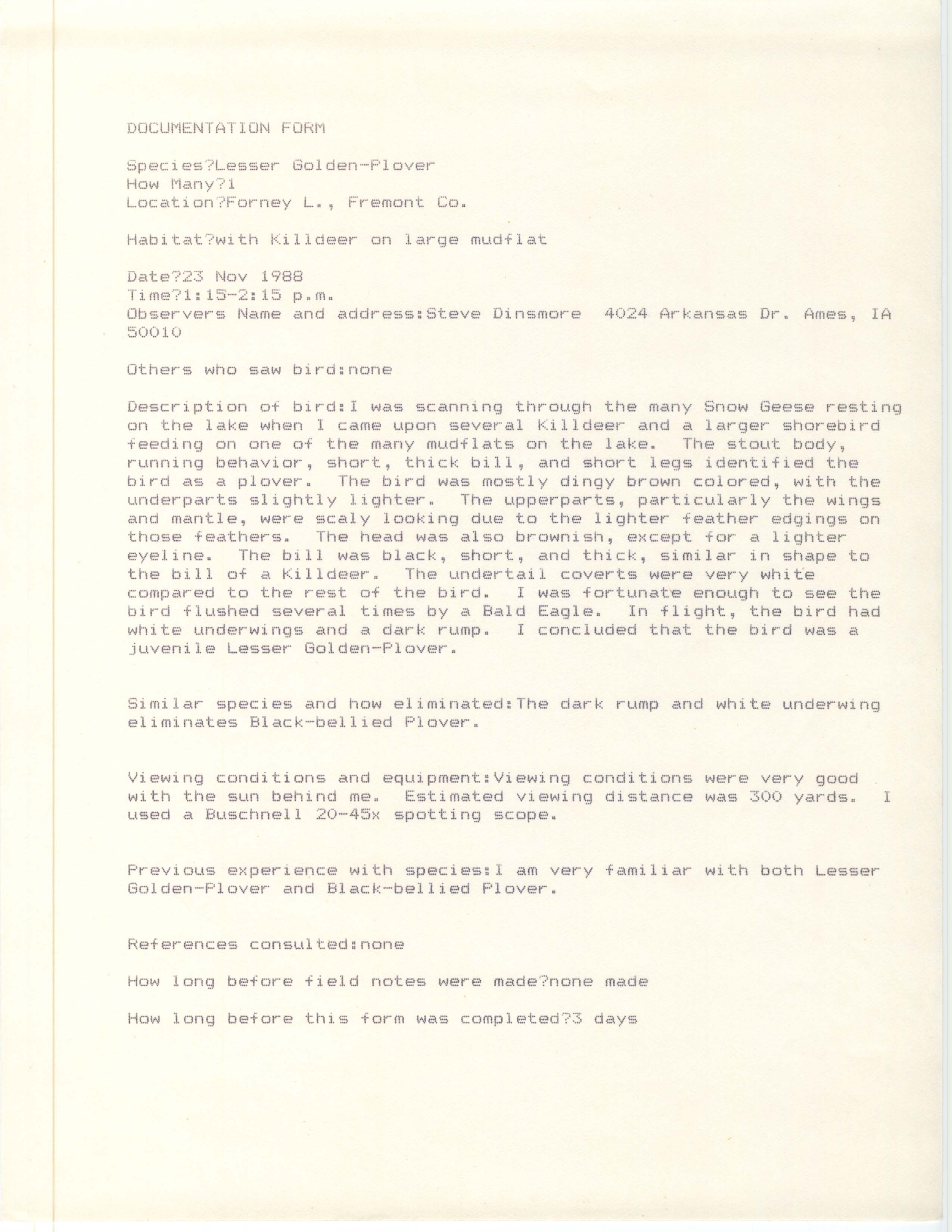Rare bird documentation form for Lesser Golden-Plover at Forney Lake, 1988