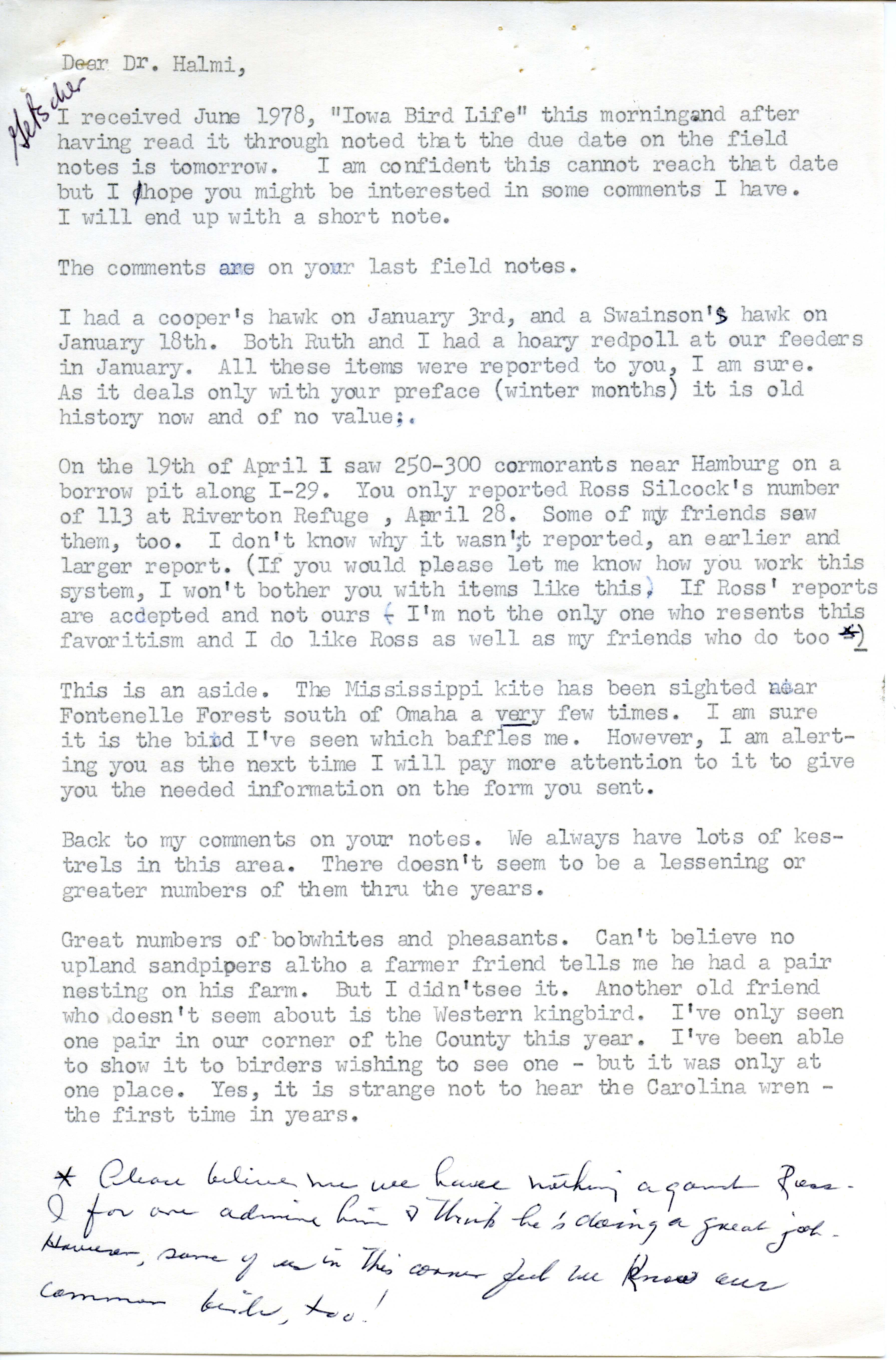 Ione Getscher letter to Nicholas S. Halmi regarding bird sightings 