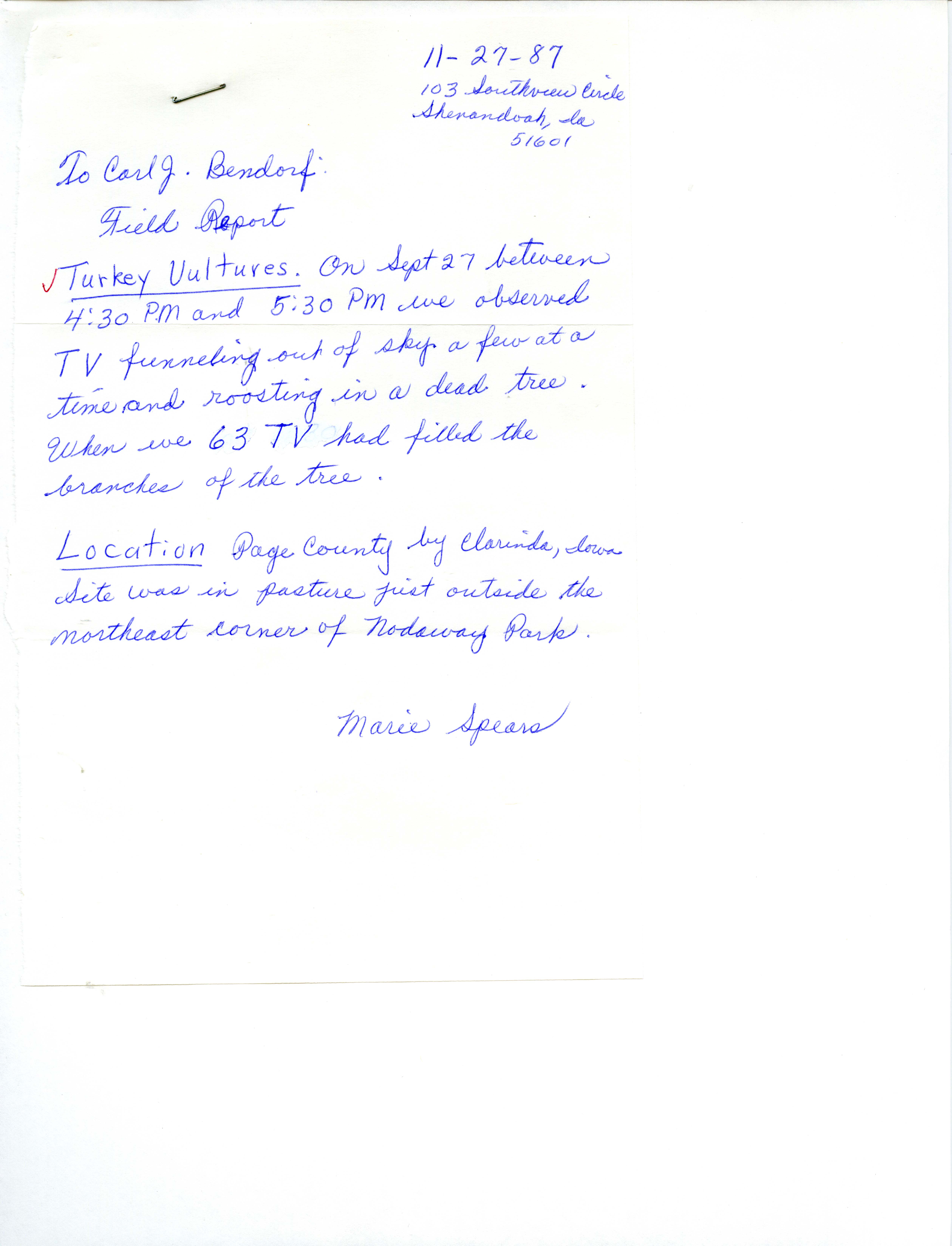 Marie E. Spears Tiemann letter to Carl J. Bendorf regarding a Turkey Vulture sighting, November 27, 1987