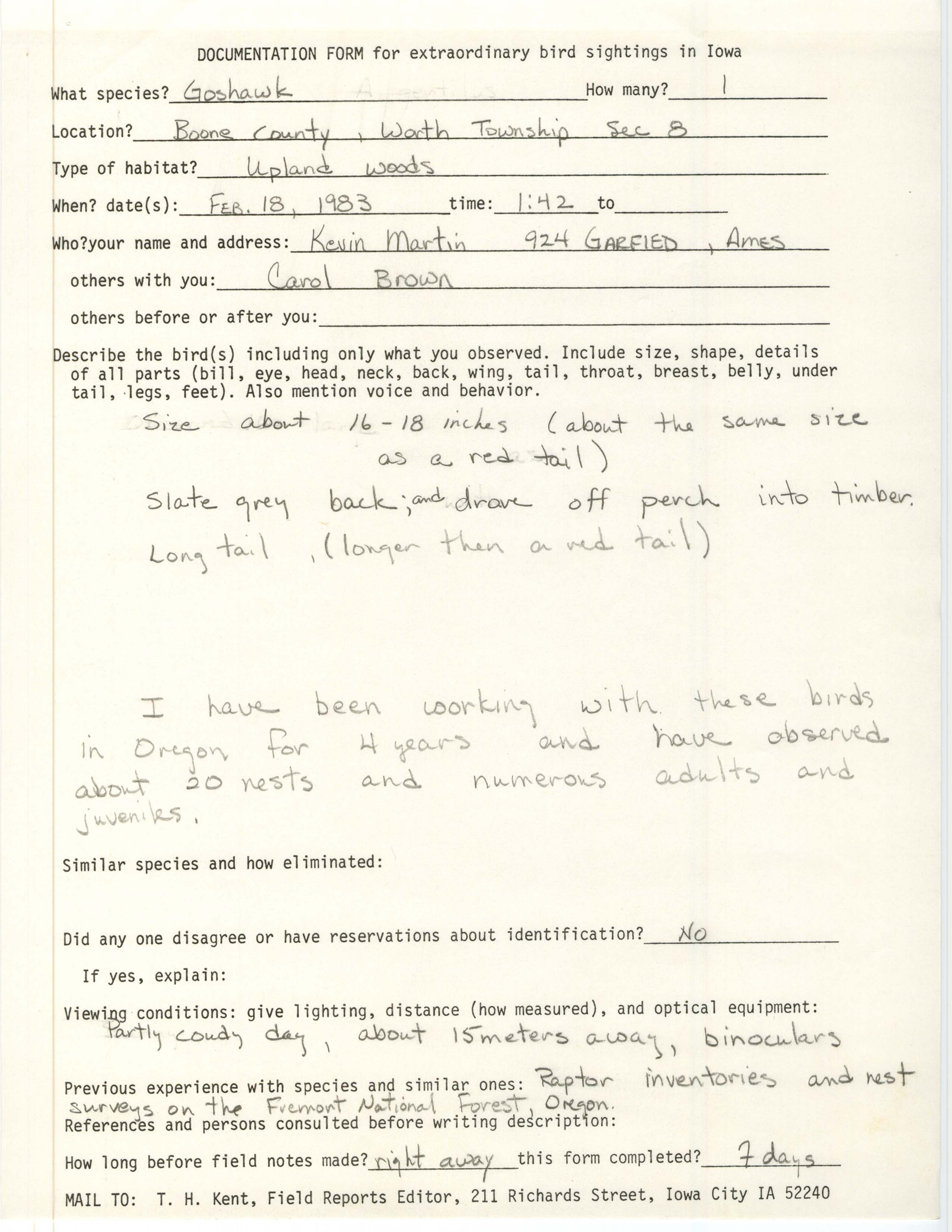 Rare bird documentation form for Northern Goshawk at Worth Township in Boone County, 1983